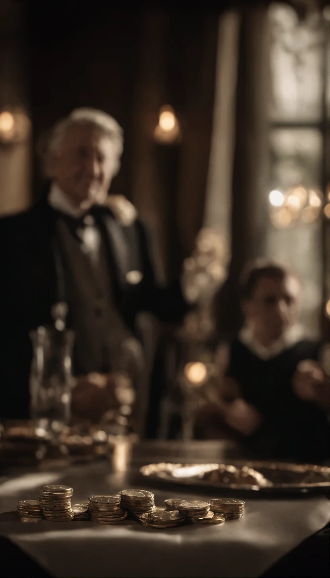 Create a photo that depicts a wealthy individual flaunting their riches in front of a poor person. Show the stark contrast between the two individuals and convey the theme of inequality and privilege. Use lighting, composition, and setting to effectively communicate the power dynamic between the rich and the poor.