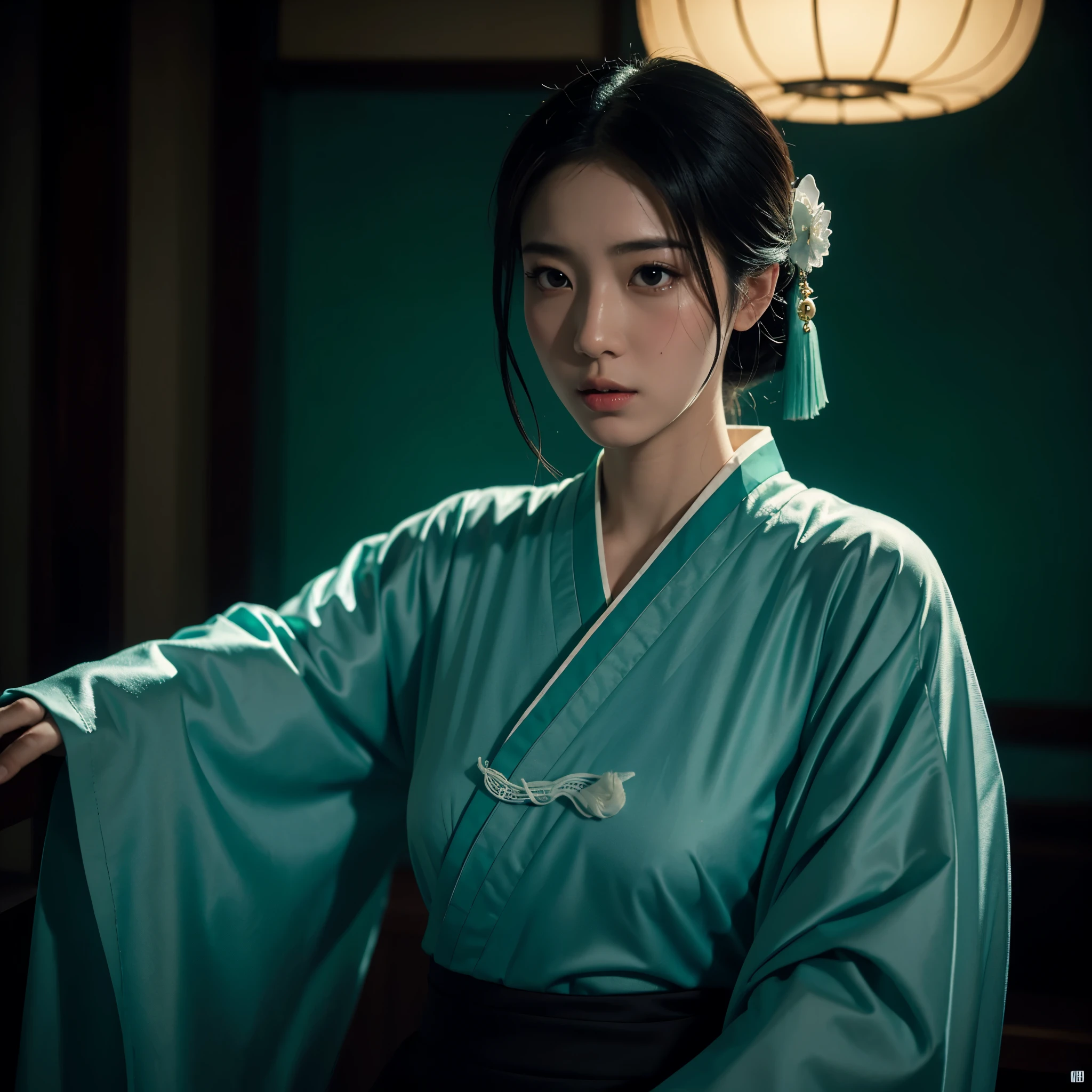 Transparent ghost spirit artwork by steven tah, in the style of geisha portraits, cinematic composition, Spirit artwork by Steven Tah, in the style of Geisha portraits, cinematic composition, uhd image, dark cyan and green, classical, historical genre scenes, time-lapse photography, interior scenes,8k,