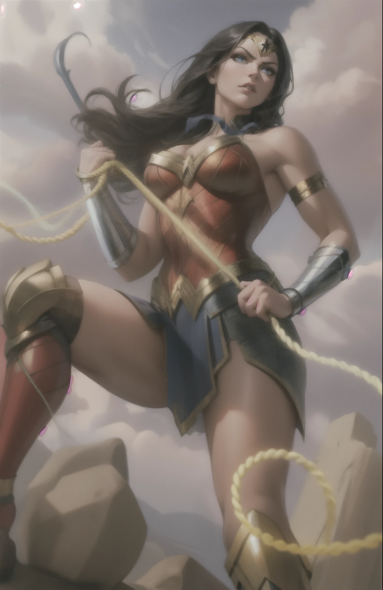 perfect eyes:1.2, detailed eyes:1.4, serious, angry, wonder woman, looking at viewer, black hair, long hair, blue eyes, leotard, bare shoulders, cleavage, holding rope