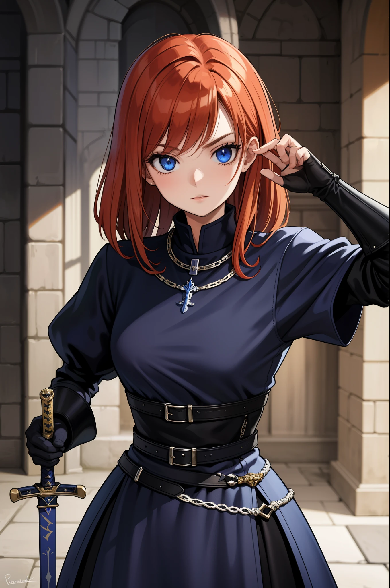 masterpiece, best quality ,1fille, rousse, yeux bleus, medieval, chevalier noir, tenue en cuir, sword in the back, donjon