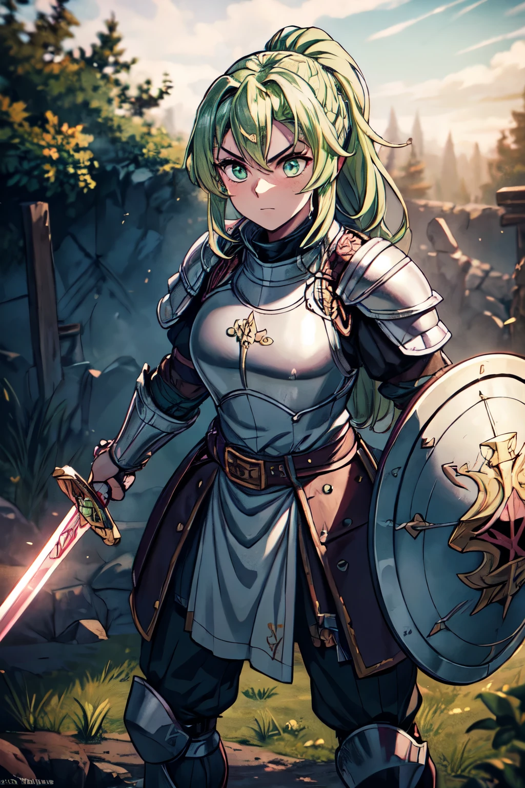 Game standing drawing,light green hair, pink plate armor, lillac eyes, heavy fighter,posing with a crusader shield and sword,female,The ponytail is fluttering and messy,Heroic,Full body like,The face is clear and accurate, super-fine,16K resolution,high qulity,电影灯光,High picture detail,dynamic viewing angle, epic shooting,oc rendered, full plate armour, realistic warrior, man chest, no skin, no exposed skin, no , male chest, flat chest, powerful knight, battle-ready, medieval fantasy, strong and muscular, detailed armor crafting, intimidating presence, helmet with visor, sturdy gauntlets, reinforced breastplate, chainmail underlay, realistic metal texture, battle-worn, authentic medieval design, leather straps and buckles, historical accuracy, knight's coat of arms, sword and shield, fierce warrior, serious and focused gaze, heroic pose, high-res masterpiece:1.2, ultra-detailed, HDR, vivid colors, sharp focus