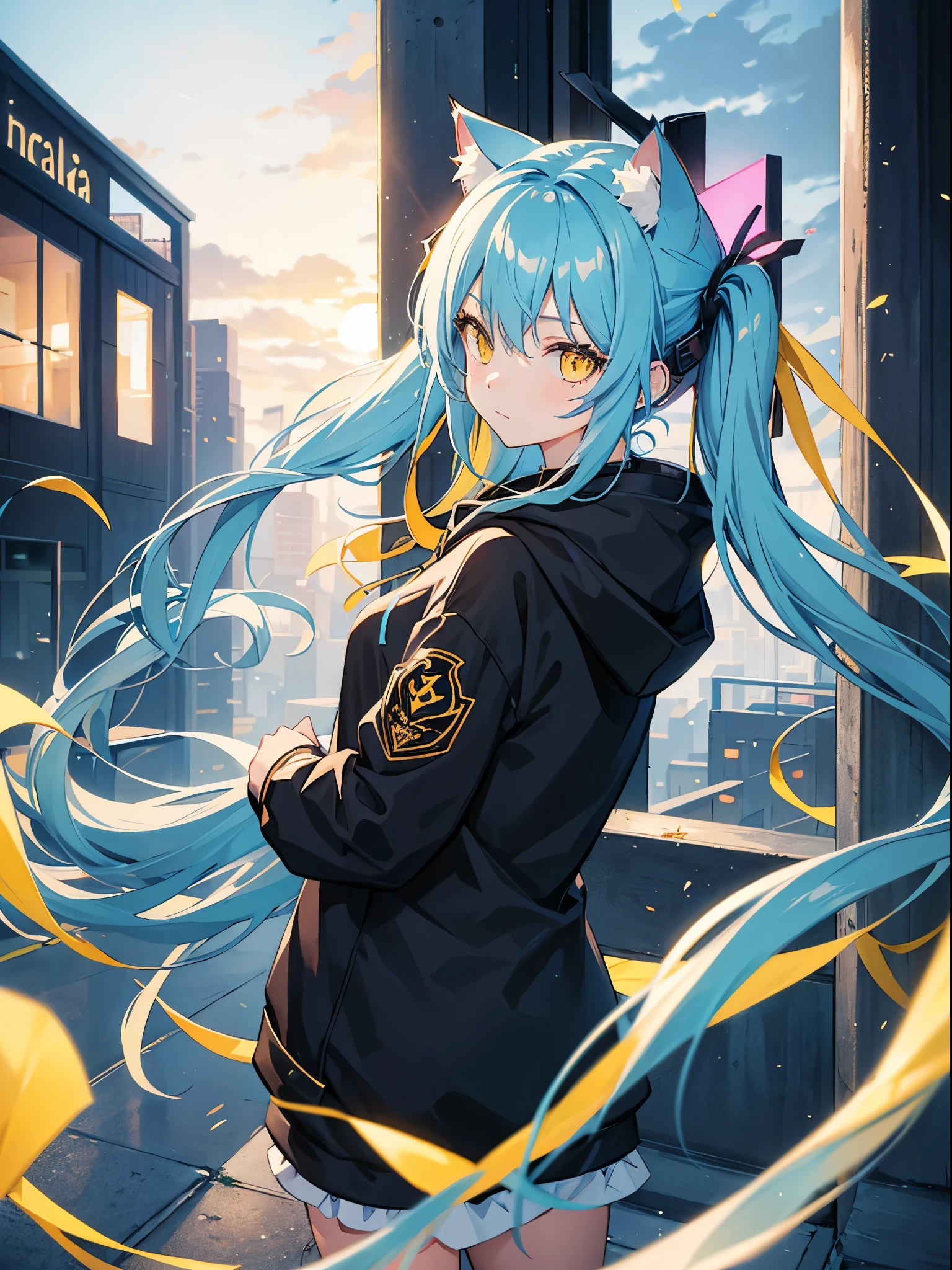 Long Hair, Twintail, Light Blue Hair, Yellow Eyes, Cat Ears, Cat Tail, Big , Wearing Hoodie, Nighttime, Holding A Helmet, Wearing Black Gloves