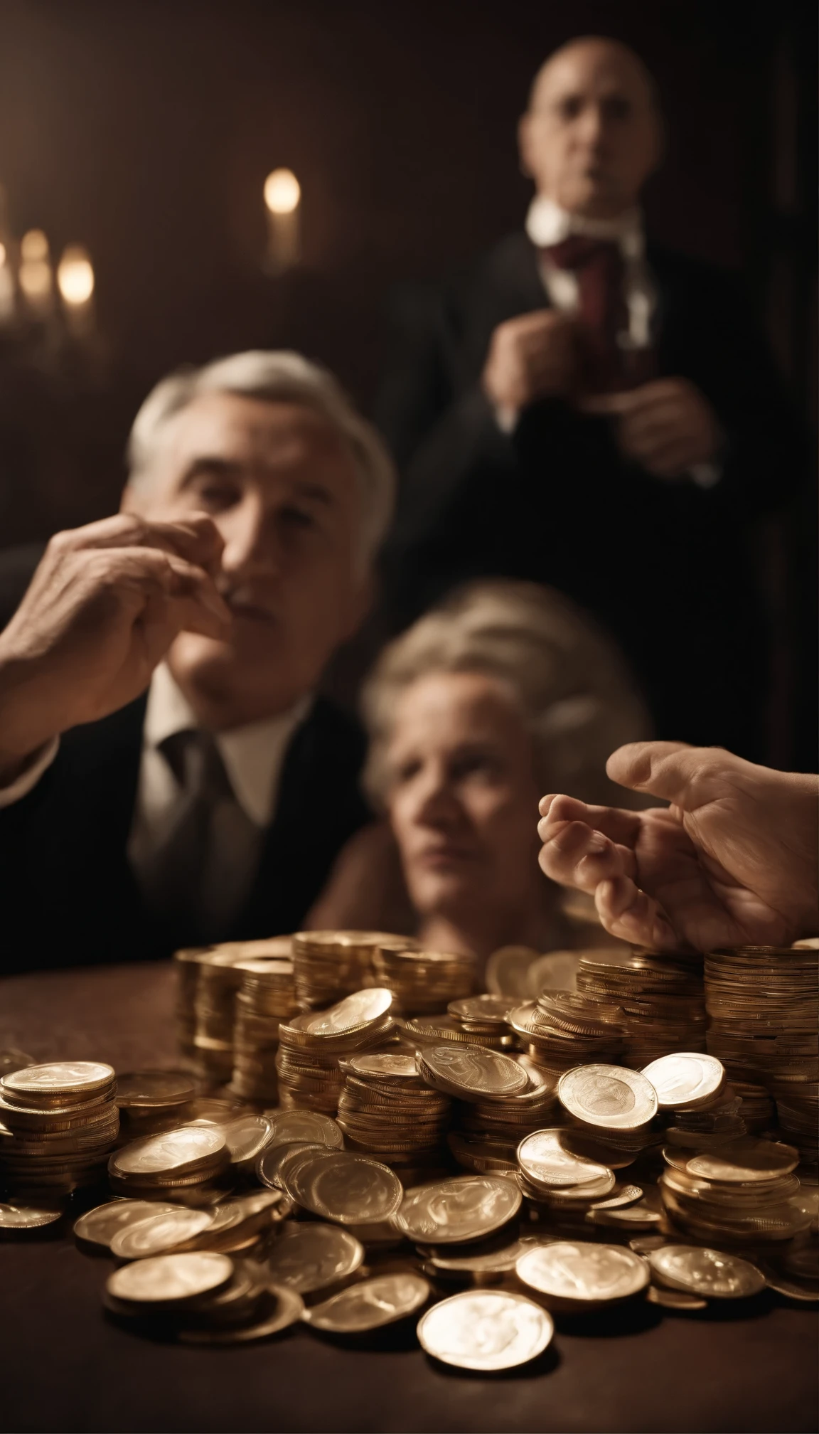 Create a photo that depicts a wealthy individual flaunting their riches in front of a poor person. Show the stark contrast between the two individuals and convey the theme of inequality and privilege. Use lighting, composition, and setting to effectively communicate the power dynamic between the rich and the poor.