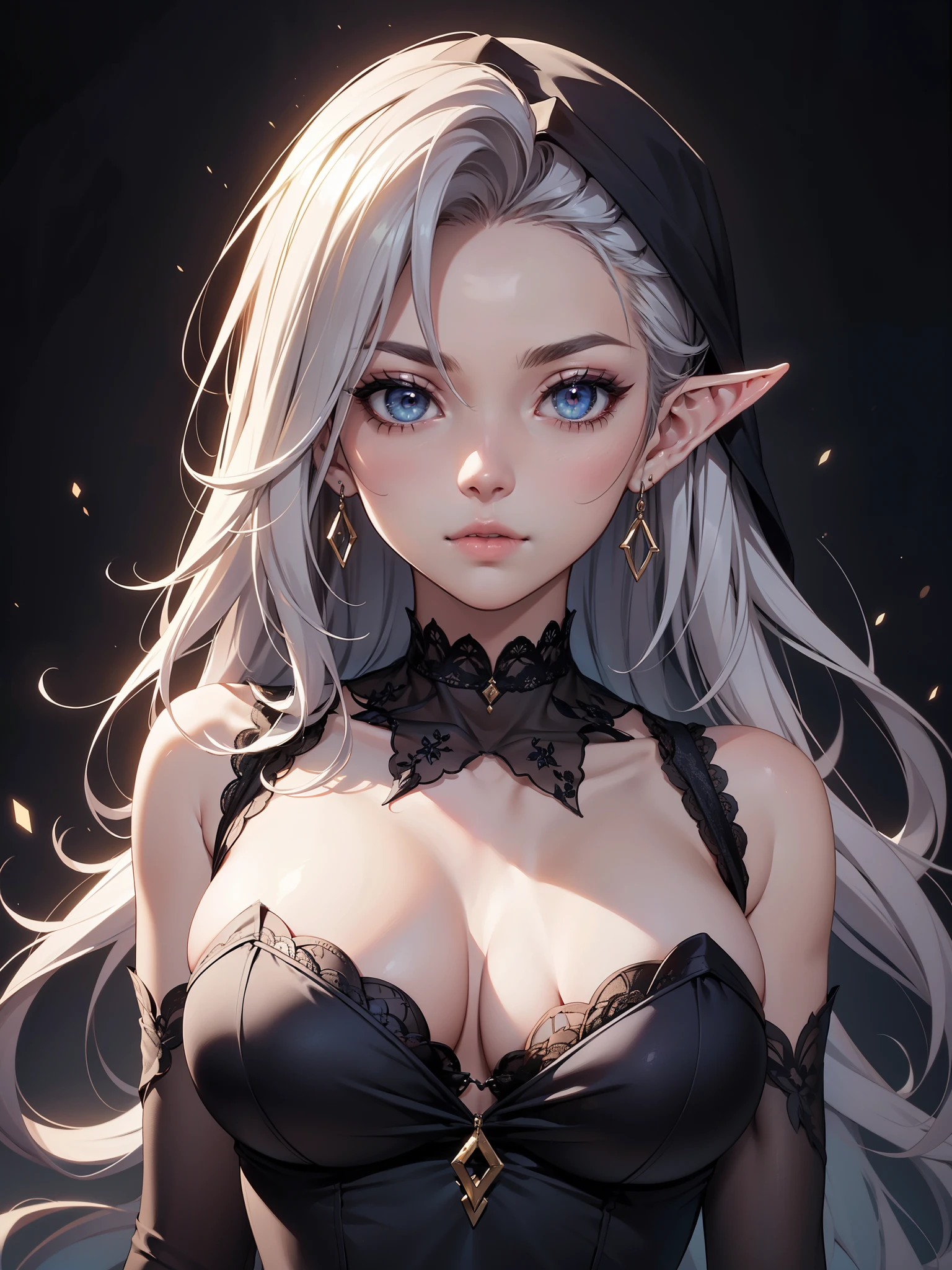 White elf girl, very long flowing hair, white eye color, small eyes, realistic human eye shape, round eye shape, eyeliner, realistic face shape. black lace low cut dress, portrait, wearing a black hood, black background, chest showing, NSFW, Depth of Field. looking at camera, dreamy look detailed eyes, detailed face, detailed skin, Ultra Detailed, Beautiful and Aesthetic, Masterpiece, Best Quality, shoulders showing. lace fabric, round chin shape. wearing black hood over hair. showing full upper body and face.