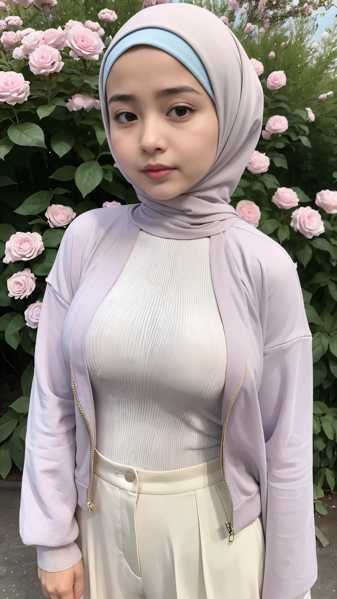 1  , 10yo, baby face, modern plain hijab,  shy, medium portrait shot , watery  eyes ,lip watery, lip glossy, open mounth, ((medium breast)), wear Half Button Rib Knit Tee with pastel color jacket and High Waist Plicated Detail Suit Pants, (big breast) , flower garden background, bokeh background, proportional body,