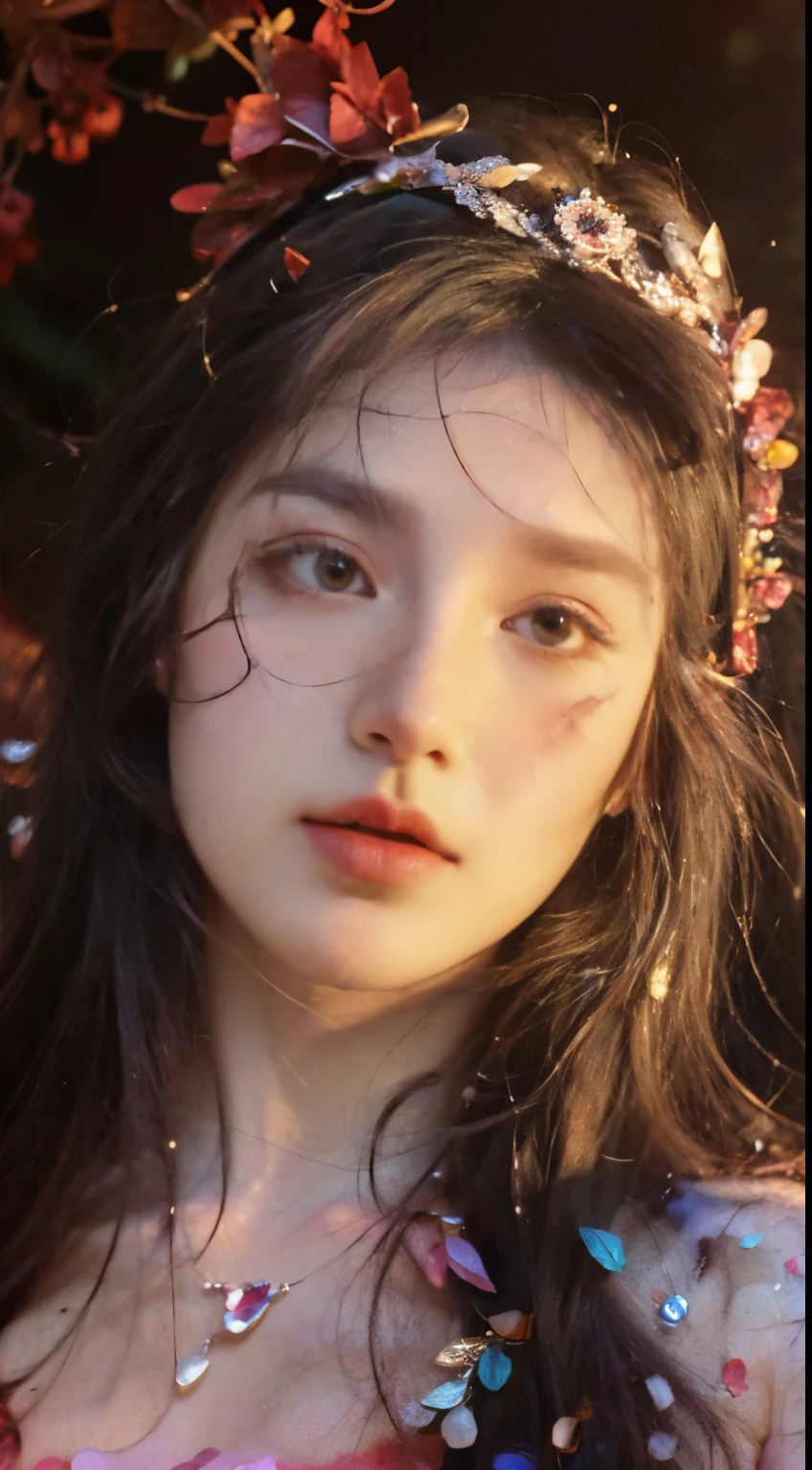 (best quality,4k,8k,highres,masterpiece:1.2),ultra-detailed,(realistic,photorealistic,photo-realistic:1.37),1girl,mature face,deep black and red streak hair,red eyes,pink dress,luscious large breasts,soft lighting,looking at camera,waist up,smooth skin,fair complexion,vibrant makeup,delicate features,focused expression,elongated neck,fine details in the facial structure,glossy lips,subtle blush,sharp focus on the eyes,defined eyebrows,thick eyelashes,artistic composition,lush garden background with vibrant flowers and lush foliage,colorful bokeh lights,gentle sun rays filtering through the leaves,peaceful and serene atmosphere,subtle wind blowing her hair,sophisticated pose,confident aura,graceful posture,evoking a sense of elegance and beauty,engaging gaze that draws viewers in,meticulous attention to the texture and folds of the dress,feathery and silky fabric with delicate patterns,flawless painting techniques,impeccable brushstrokes,subtle gradients of red and pink hues,rich and vibrant colors that enhance the overall visual impact,emphasis on creating a harmonious balance between the subject and the background to create a captivating composition.