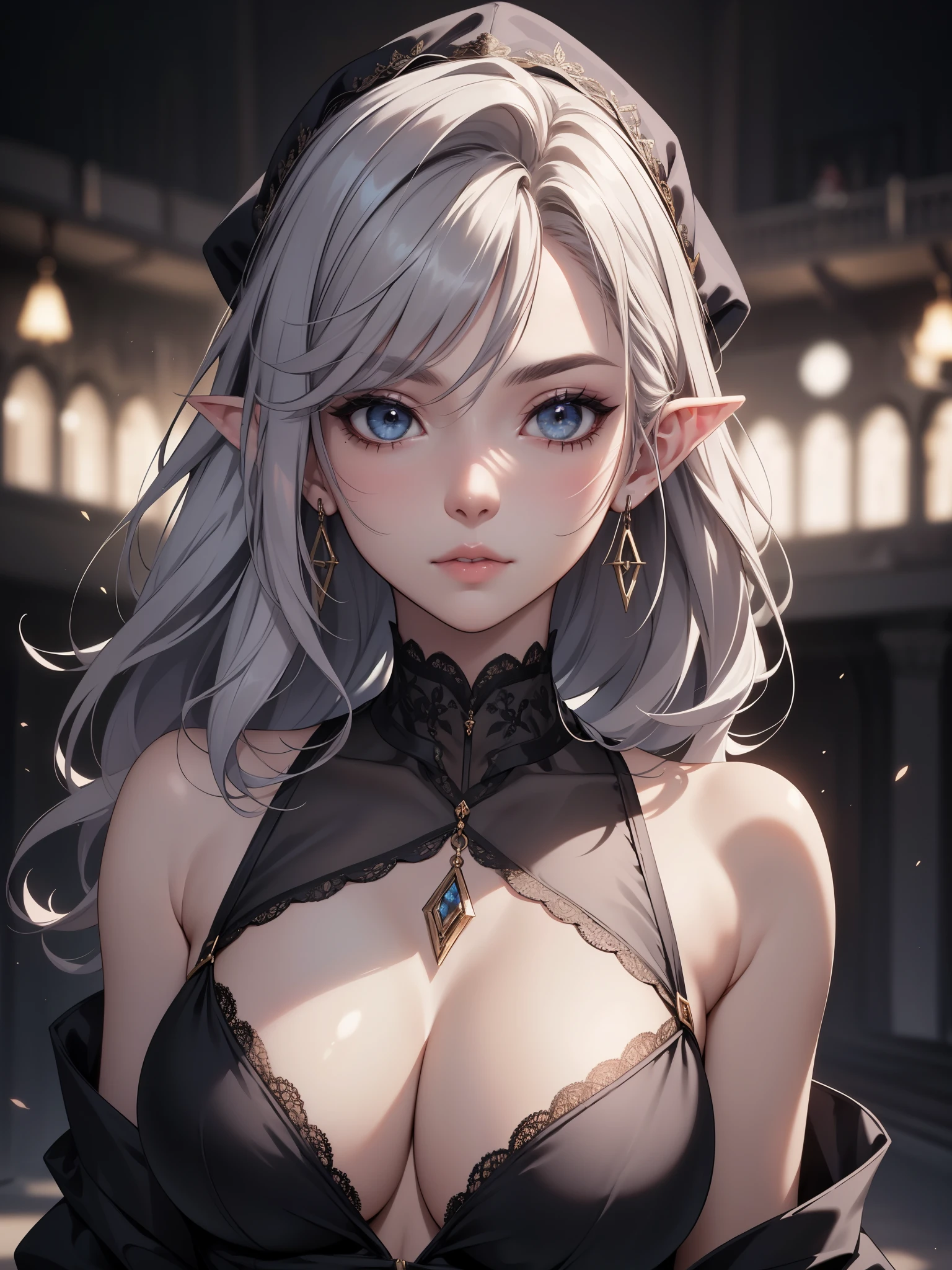 White elf girl, very long flowing hair, white eye color, small eyes, realistic human eye shape, round eye shape, eyeliner, realistic face shape. black lace low cut dress, portrait, wearing a black hood, black background, chest showing, NSFW, Depth of Field. looking at camera, dreamy look detailed eyes, detailed face, detailed skin, Ultra Detailed, Beautiful and Aesthetic, Masterpiece, Best Quality, shoulders showing. lace fabric, round chin shape. wearing black hood over hair. showing full upper body and face.