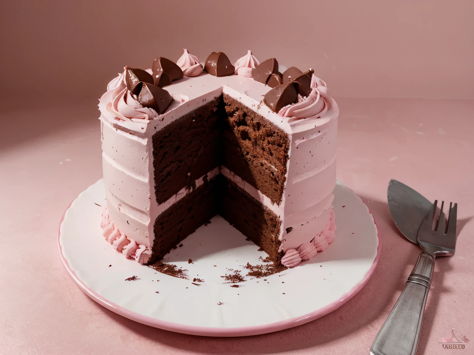 Make a cake
Chocolate cake
Pink background, solid color, only the pink background color
This cake is cut with the slice on the plate next to it
Ultra realistic photo, qualidade 8k, fullhd