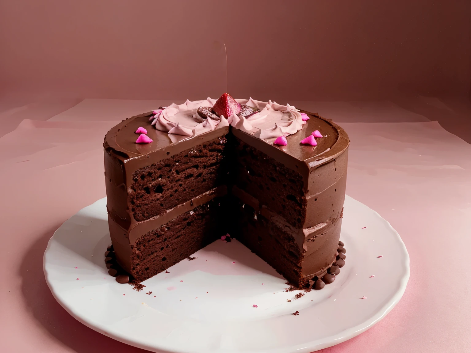 Make a cake
 Chocolate cake
 Pink background, solid color, only the pink background color
This cake is cut with the slice on the plate next to it
Ultra realistic photo, qualidade 8k, fullhd