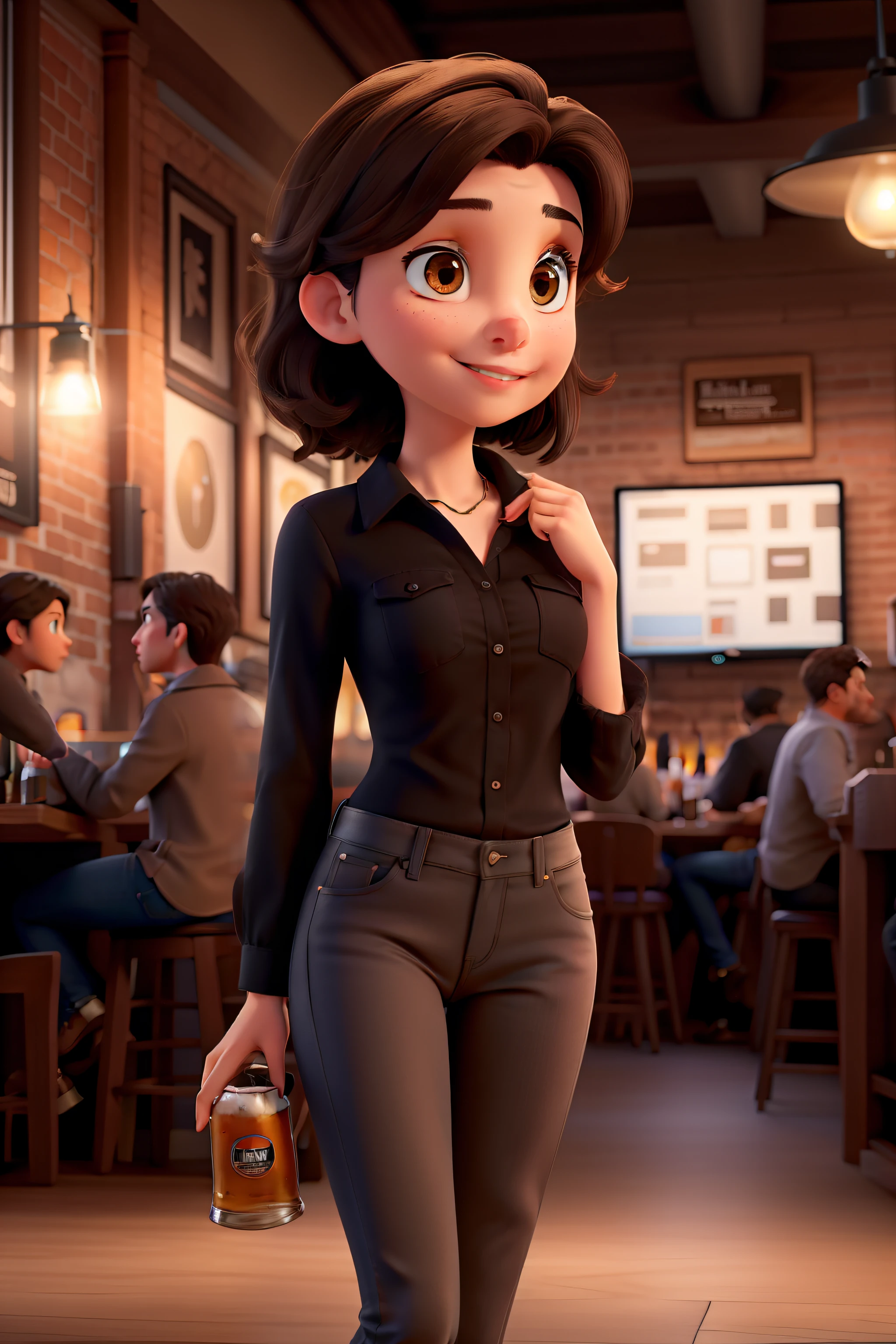 Young caucasian woman with medium dark brown hair and brown eyes wearing jeans and a black blouse drinking beer in a New York bar