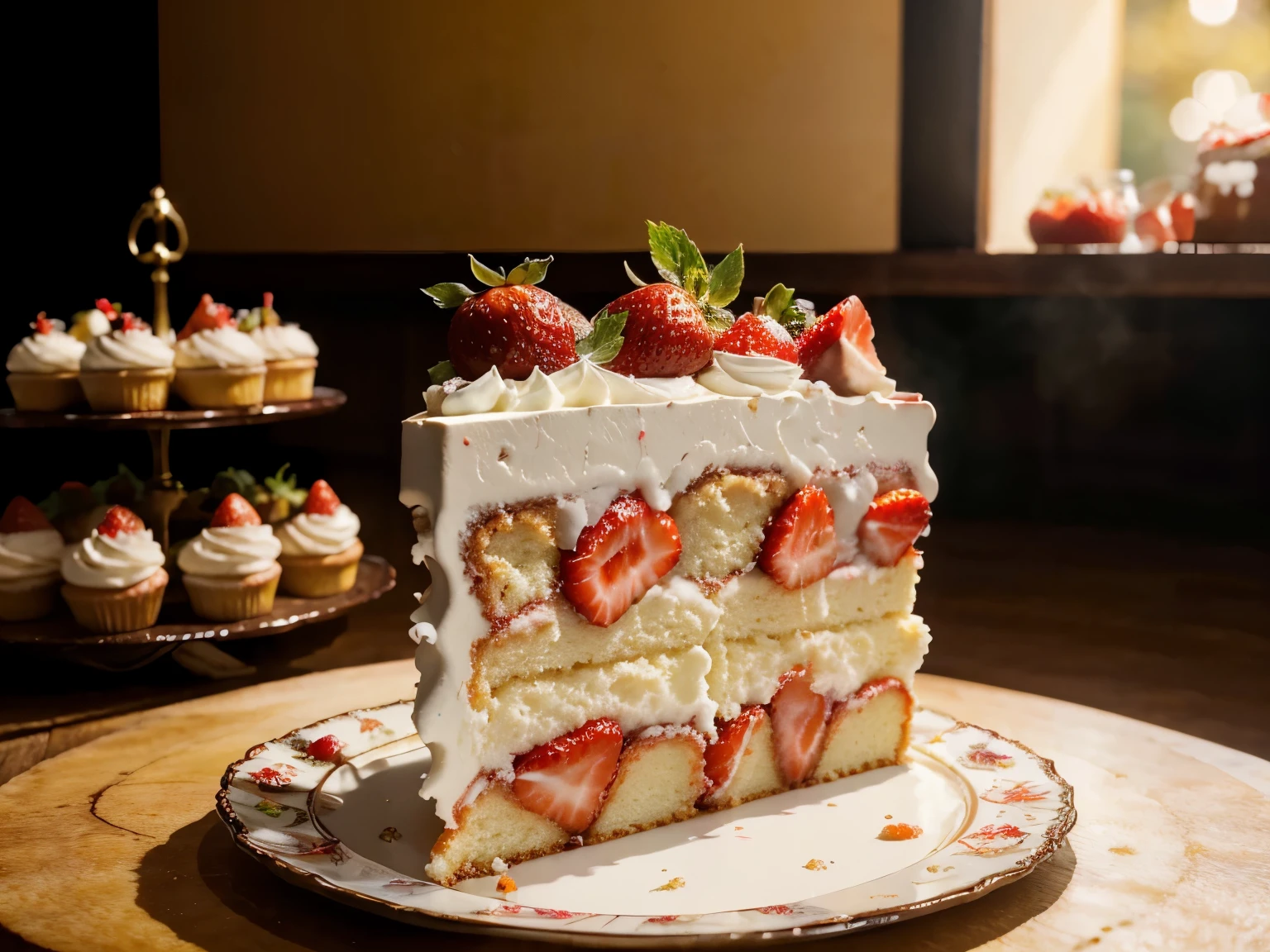 best quality,4k,8k,highres,masterpiece:1.2,ultra-detailed,realistic:1.37,strawberries,cake,dessert,delicious,tempting,sweet,juicy,ripe,endless ripe strawberries,spongy cake layers,fluffy whipped cream,fresh mint leaves,luscious strawberry sauce,scrumptious dessert,indulgence,celebration,chef's masterpiece,bakery,food photography,studio lighting,vivid colors,bokeh,warm lighting