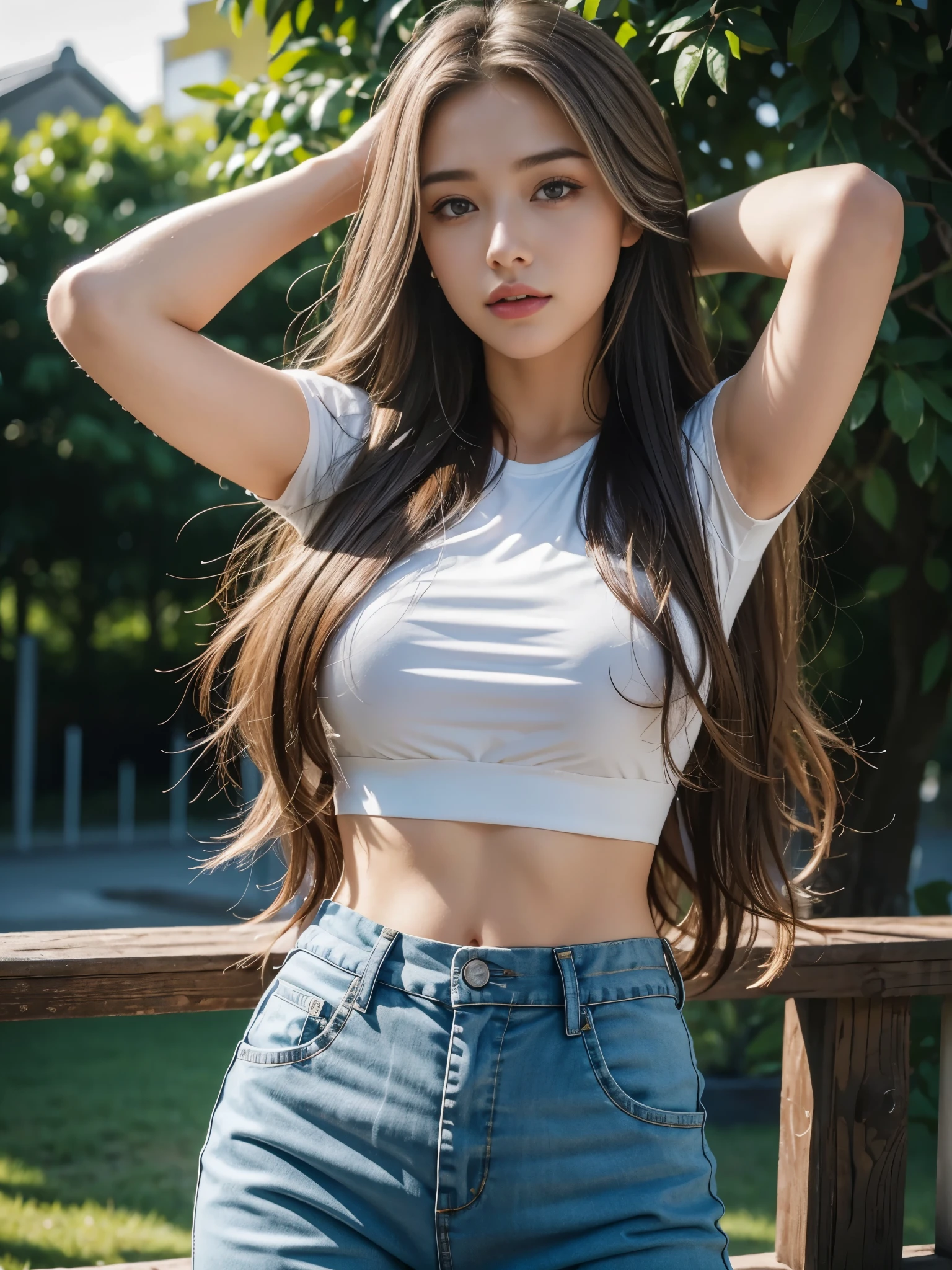 hyperrealistic, illustration, high resolution, 8K, extremely detailed, best illustration, beautiful detailed eyes, best quality, super detailed, masterpiece, wallpaper, detailed face, solo, 1 girl, silver wavy hair, korean, heterochromic eyes, small moles under the eyes, silver t-shirt top, pants underneath, tight abs, no chest leakage, background park, attractive pose,