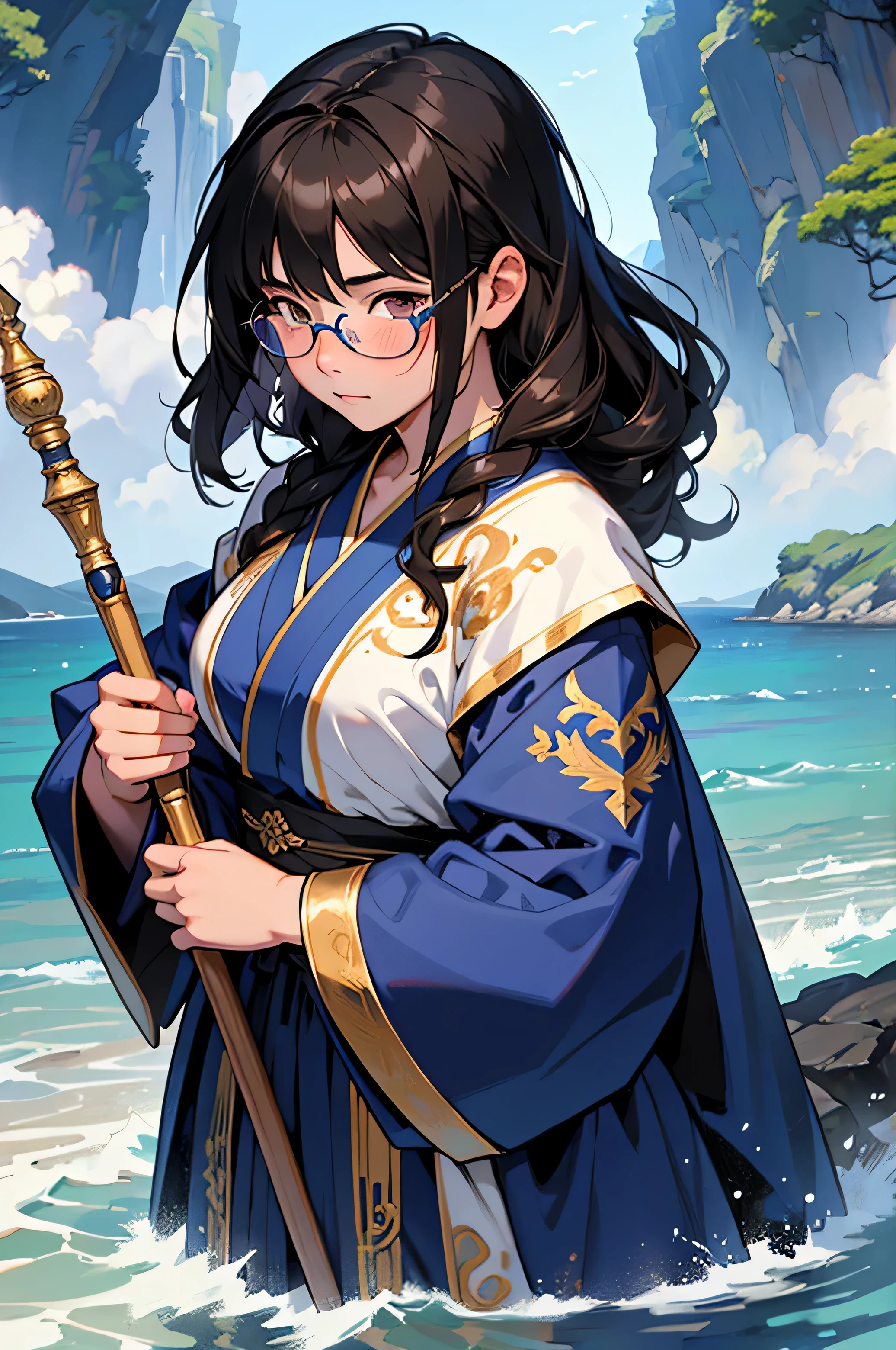 anime, masterpiece, best quality, by professional artist, female, solo, detailed composition, detailed eyes, black hair, bright brown eyes, detailed hair, slightly chubby face, blush, innocent, glasses, Asian, wearing blue royal robes, water magic, holding blue magical staff