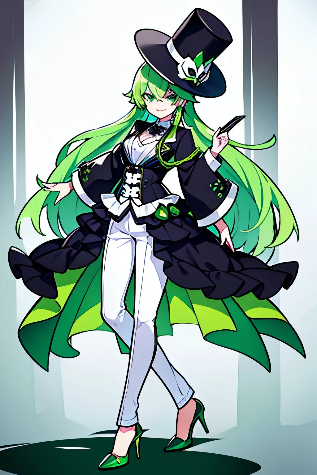 Half white, half green hair. wear a black hat, Smiling Mask. official costume, half green, half black. White pants, and high heels