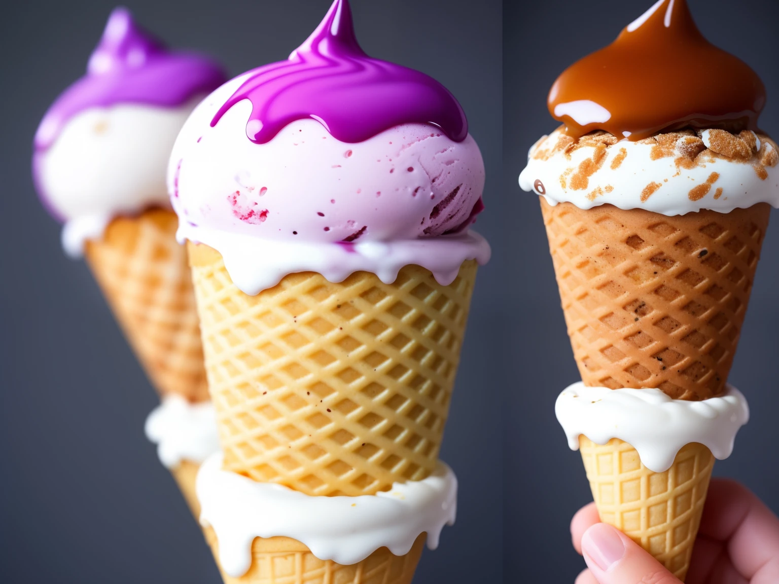 there are three different pictures of ice cream in a cone, caramel, ice cream, ice cream on the side, ice cream cones, ice cream cone, creamy, high quality food photography, eating ice - cream, close up food photography, cone shaped, eating ice cream, cone, dessert, inspiration, cream, easy, easy go, layered, half image, recipe