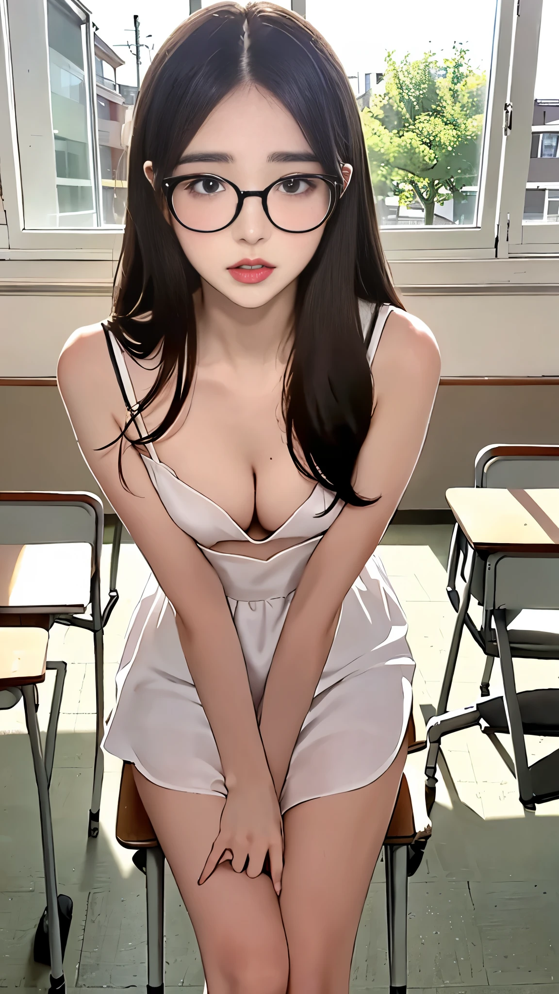 Zoey Deutch, , (long hair: 1.3), glasses, beautiful, blackpink dress, small cleavage, classroom, school, long legs, cherry blossoms