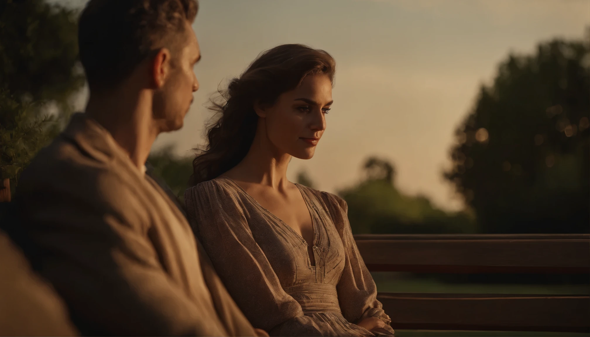 masterpiece, extremely detailed face, detailed clothes, cinematic lighting, best quality, outdoors, A very beautiful woman wearing a summer dress and a man are sitting on a park bench, they are sitting far apart, they are sitting with their backs to each other, the atmosphere is twilight, her face is exposed to the sunset light, the background is a shady park