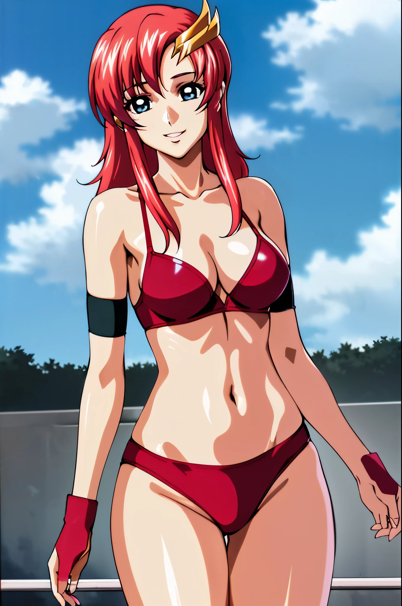 (image on wall paper posted on wall, curvy pose), lacus4, (triple red bikini, red boots, arm band, groin, short gloves), (masterpiece, laying on floor, hand stretching, very slim shoulders, 4K, Best Quality, Anime style: 1.9, happy, Adult Woman, (ultra detailed head), (arena, cloud background), Drawing lines, high resolution, lacus4), 1girl, Solo, curvy figure, Long hair, 鎖骨, scapular, (Detailed wide hair bangs, Hair Ornament, Detailed reddish-pink hair, shiny streaks, slim arms, detailed golden crest), cleavage, large hands, (hair cover shoulders). (Big blue eyes, shiny eyes), ((female wrestler, (slim body), standing, slim arms)), ((perfect proportions, medium breasts, long belly)), ((totally red bra, neck band,))), smile, (standing, hot colors), detailed fingers, (bare shoulders)