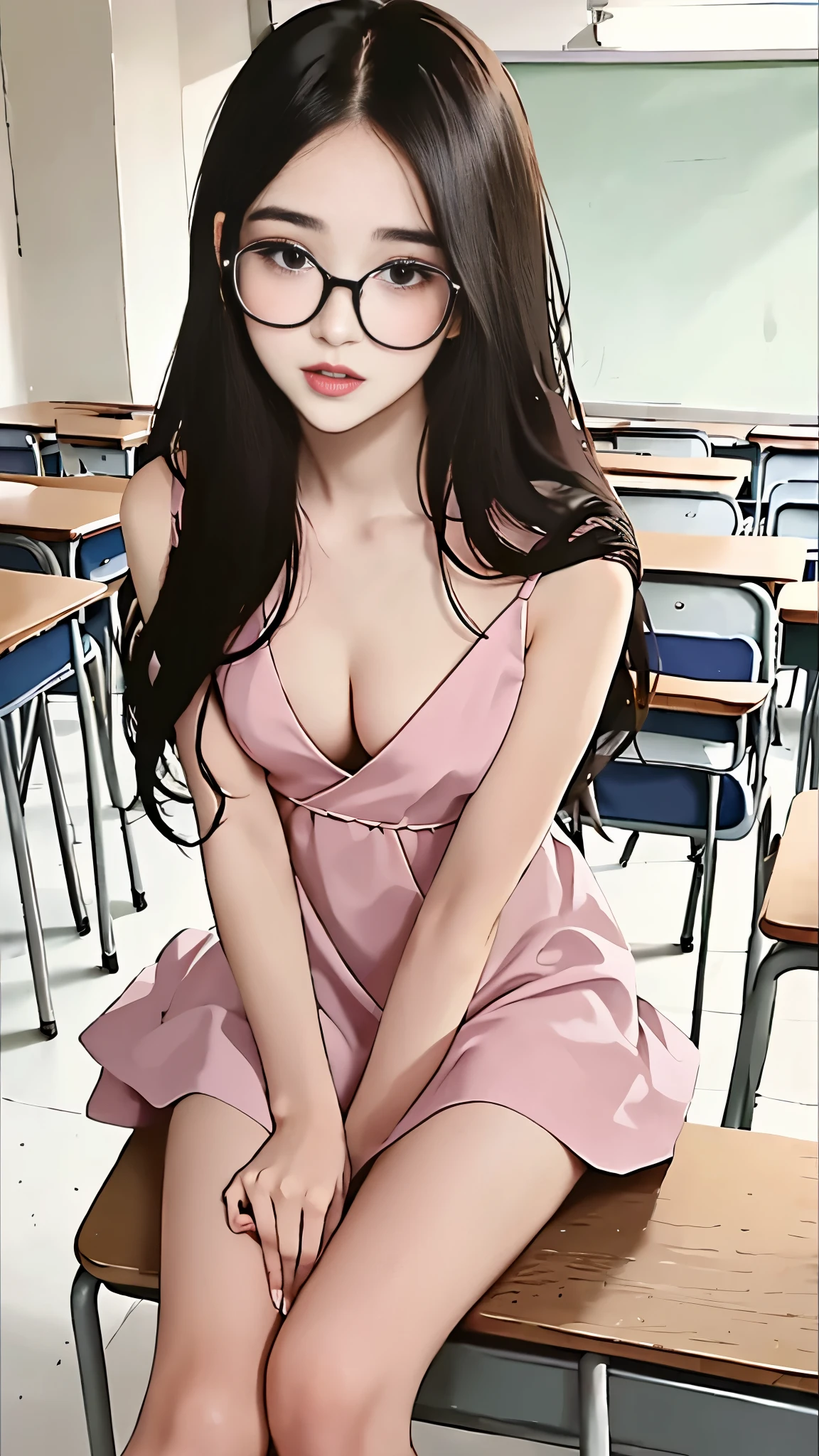 Zoey Deutch, , (long hair: 1.3), glasses, beautiful, blackpink dress, small cleavage, classroom, school, long legs, cherry blossoms