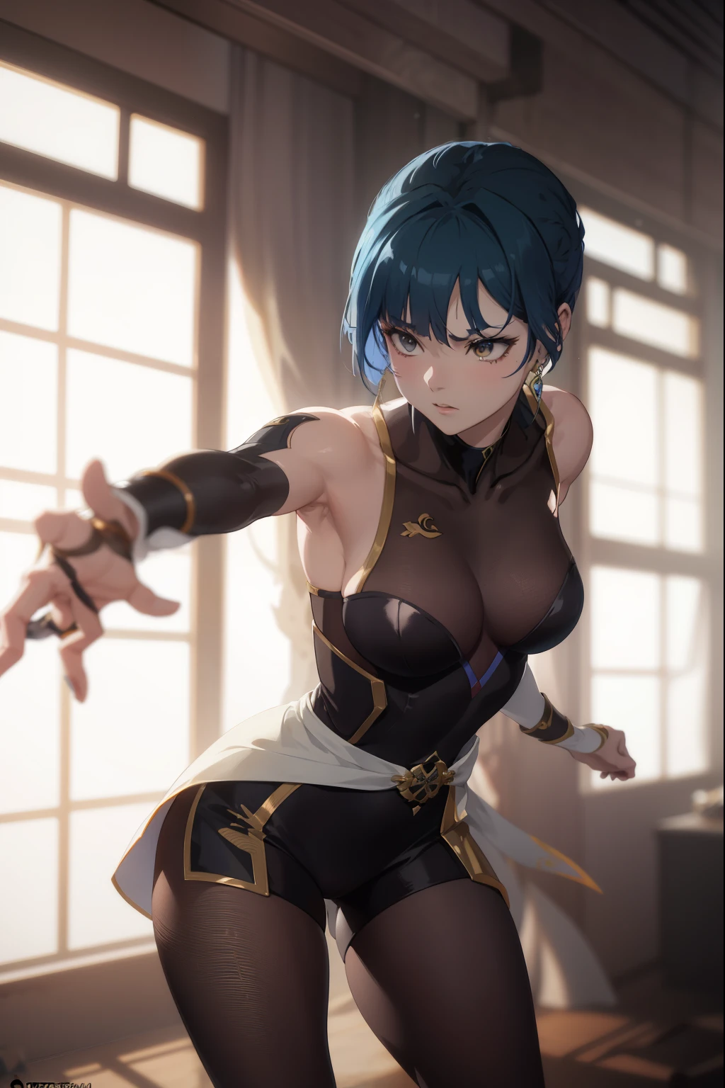 garota de anime com roupa preta e dourada com uma espada, anime foda 8k, pose de lutador, artgerm e atey ghailan, portrait of a female anime hero, protagonista feminina 👀 :8, makoto shinkai ( apex legends ), arte cg de anime suave, estilo de arte anime moe, impacto de ayaka genshin, pose de luta, personagem feminina de anime, em um ginasio