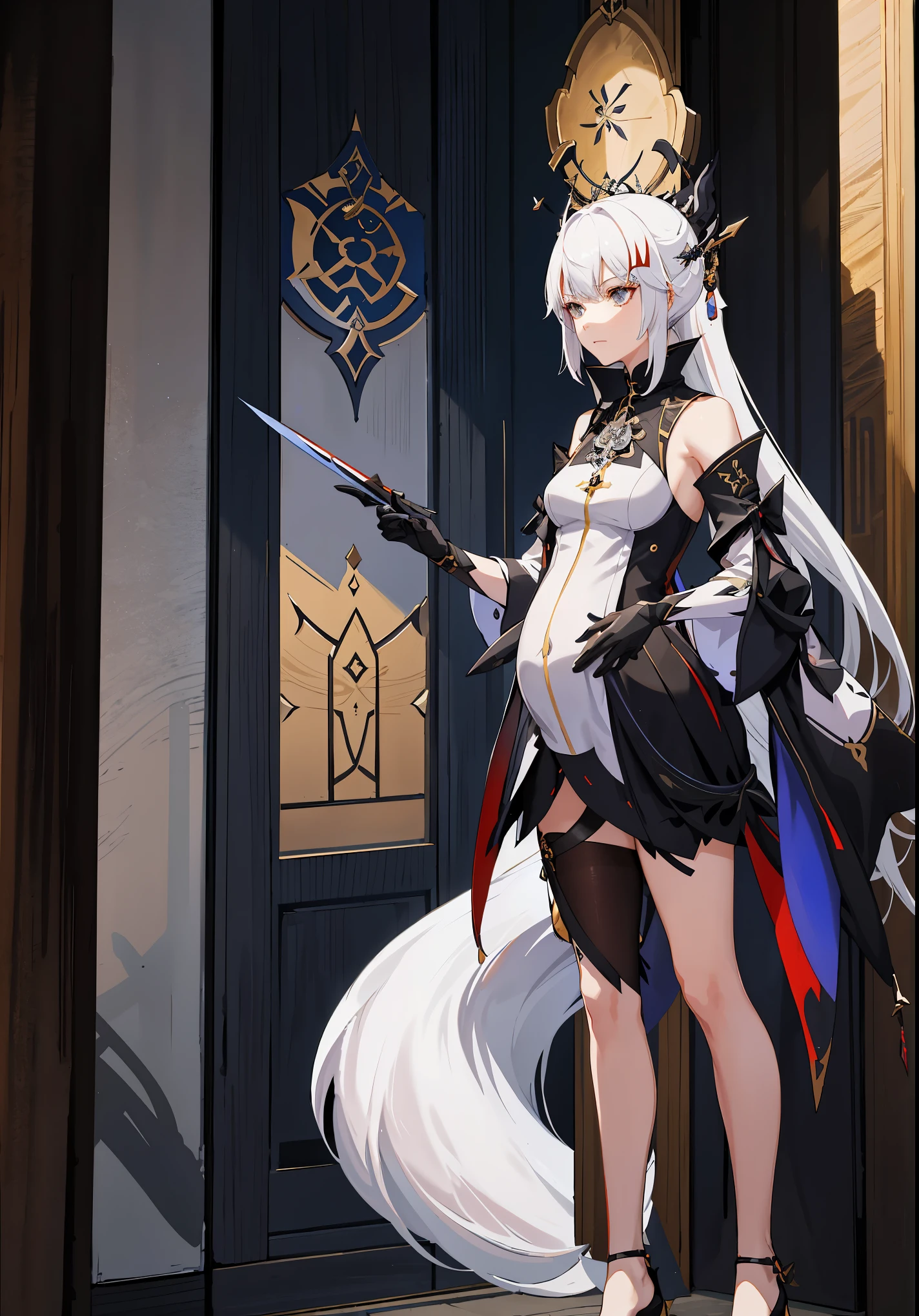 a woman in a dress holding a dagger and a dagger, video game character, from arknights, fox nobushi holding a dagger, hajime yatate, keqing from genshin impact, white haired deity, with small sword, ayaka genshin impact, female action anime girl, official character art, anime character, pregnant anime girl, fetus