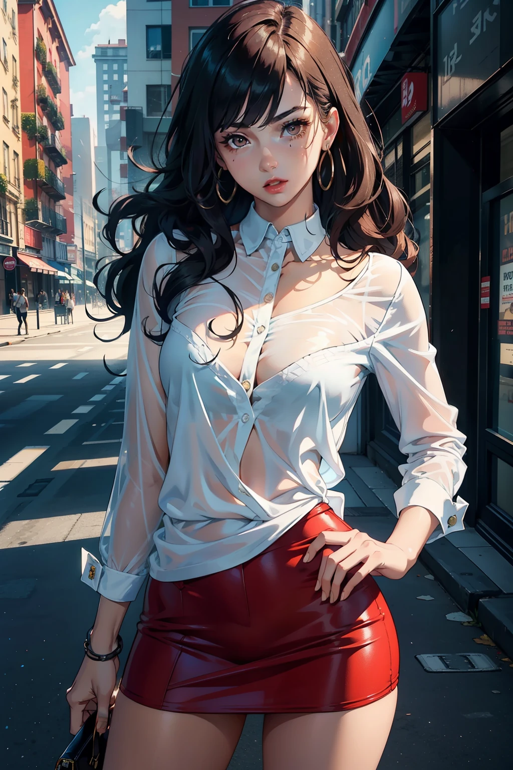 top-quality masterpiece, Female model, Age: 18, Male model, Young and charmning couples, Girl wearing a tight miniskirt over a blouse, Slender physique, Fresh and radiant skin, Tanned complexion, Long legs, Curly hair, Red lips, Magnetic eyes, Intimate pose, Intricately detailed facial features, Realistic textures, High-resolution image, Brilliantly rendered shadows, Crisp and clear colors, Hyper-realistic, Passionate expression, Emotional connection, Playful and youthful energy, 18-year-old beauty, Captivating, Impeccable style, Modern fashion, Urban setting