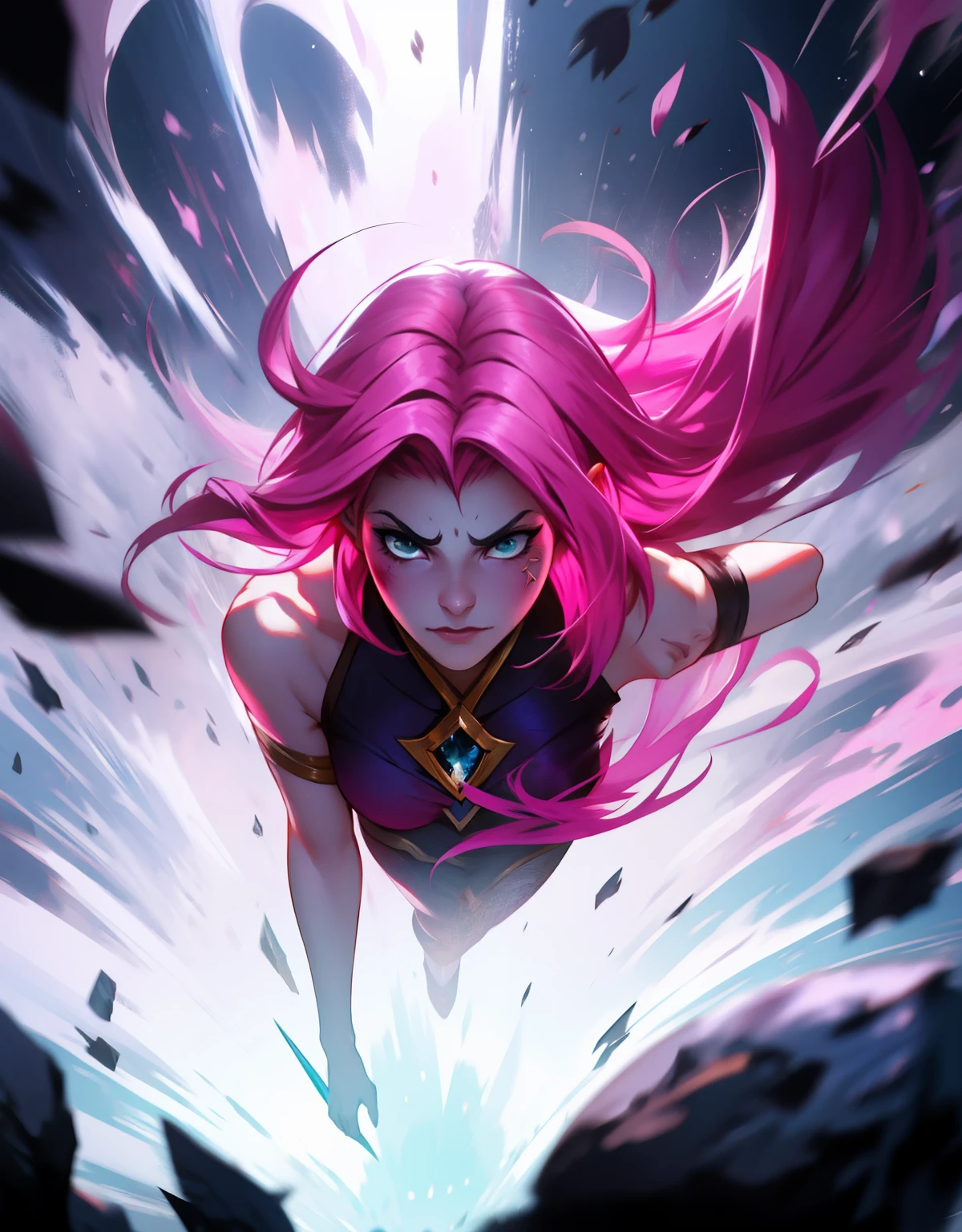 1 mulher, fantasiada de xayah de league of legends, strong emotions, sakura, pink hair, (cabelo curto!!), luz, foco, como de xayah , corpo inteiro, solo, magia ao seu redor.  corpo inteiro, strong emotions, corpo todo!!!! penas! Asas, vastaya!!! champion