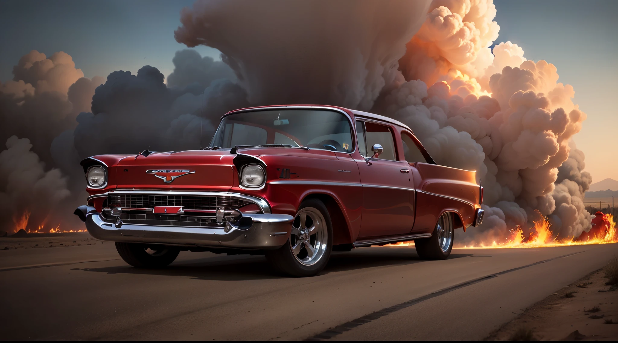 photo of a running (((RED Chevy 57))) on fire, This car is on fire, It's on fire, queimando, pegando fogo no motor, chamas lindas e fortes, fire on engine, tires on fire, fogo em toda parte, black opaque glass