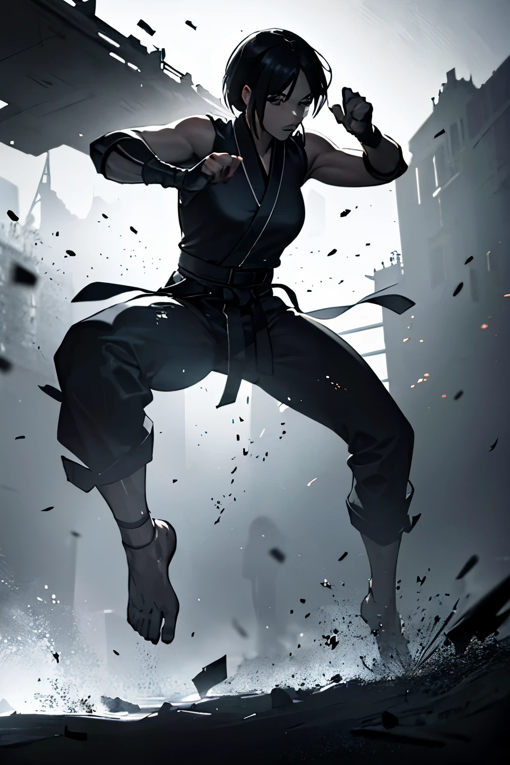 a girl in a fighting pose, intense expression, strong and muscular body, dynamic movement, focused eyes, determined look, martial arts outfit, dark and gritty environment, dramatic lighting, high contrast, action-packed, powerful strikes, fast-paced movement, energetic atmosphere, adrenaline rush, dynamic composition, intense struggle, sweat and exertion, martial arts mastery, skilled combat, explosive power, breathtaking action, strong sense of movement, epic battle scene, captivating and immersive, high-res illustration, realistic detailing, dramatic shadows, vibrant colors