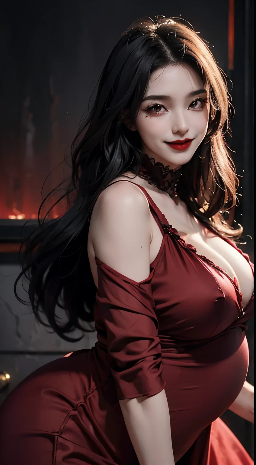 1girl, solo, pregnant dracula, black hair hair, red silk dress, red lipstik, black fingernail, finger on own face, smile, heavy breathing, sweat, beuatiful female, heart, full body