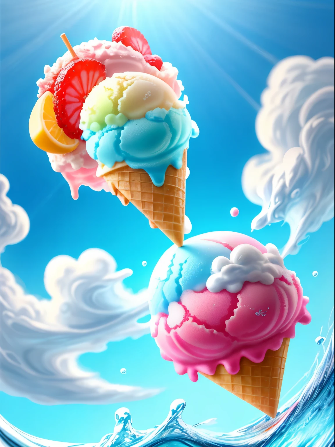 gogo，icecream，the fruits，ice cubes，Splashing water，with blue sky and white clouds