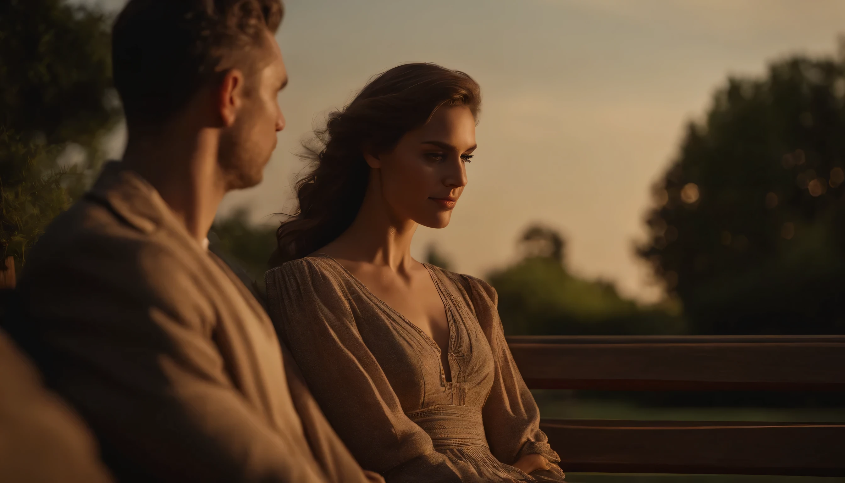 masterpiece, extremely detailed face, detailed clothes, cinematic lighting, best quality, outdoors, A very beautiful woman wearing a summer dress and a man are sitting on a park bench, they are sitting far apart, they are sitting with their backs to each other, the atmosphere is twilight, her face is exposed to the sunset light, the background is a shady park