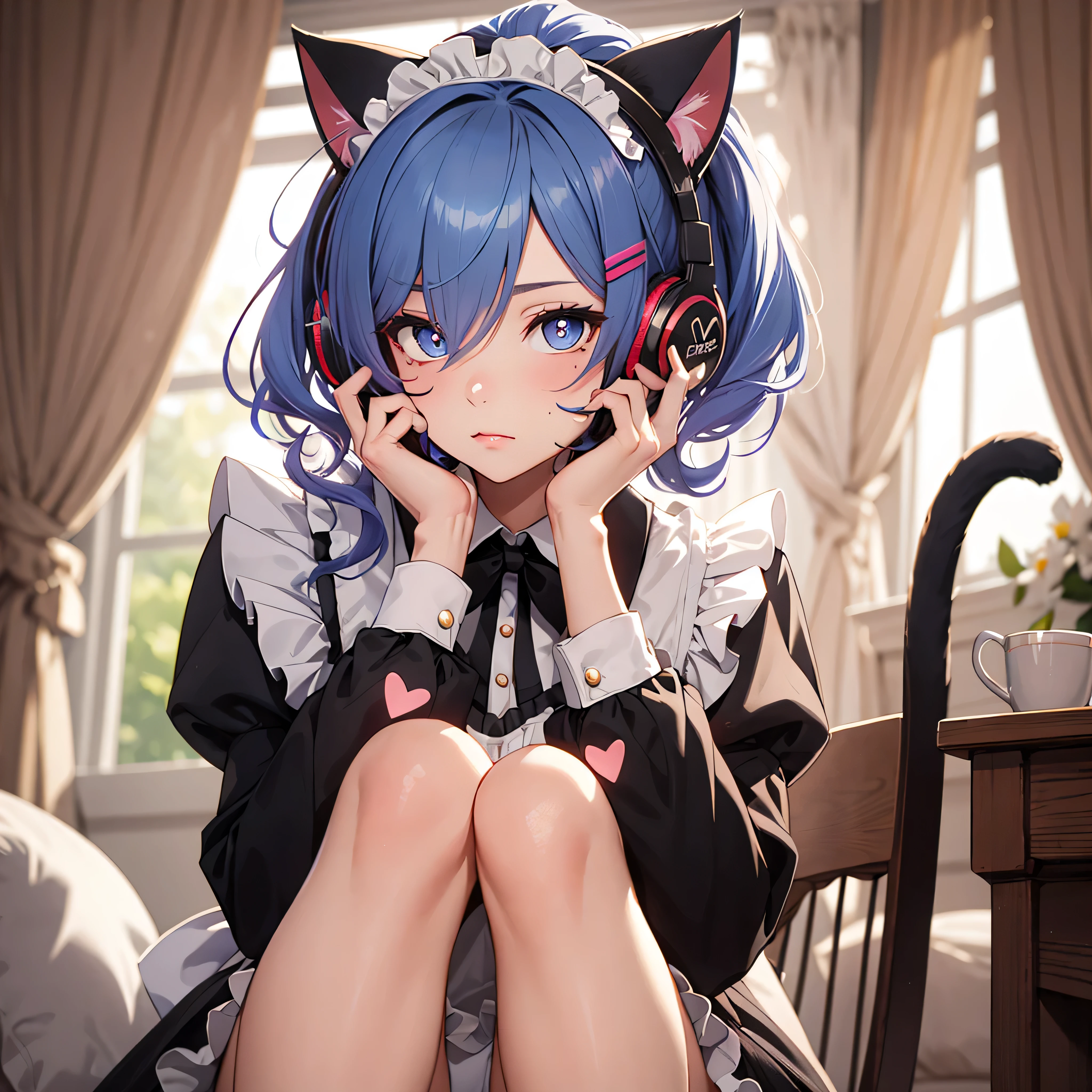 rainbow hair, ponytail, hairclip, hair ribbon, a gift, Maid headdress, lace shape, mole under the eye, heart-shaped pupils, Cat Ear Headphones, A bored look, legs