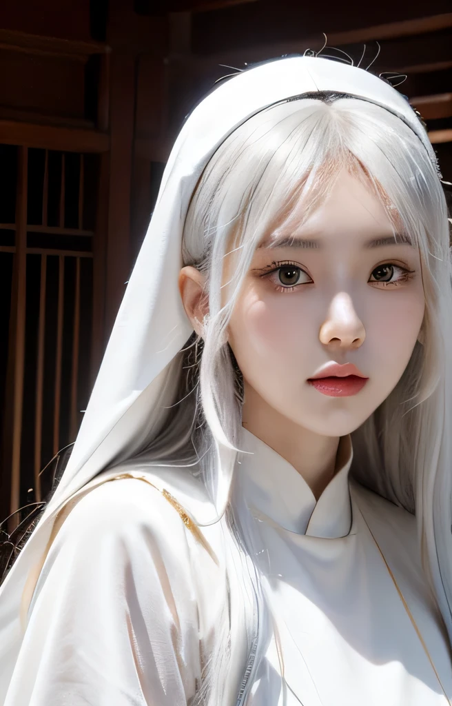 detailed, high quality, perfect face. fantasy style. korean nun girl with white color hair. long hair. clear smoky pupil, Peach blush on, her name is Kyu. Wear white nun cloak with gold color combination. cosplaying as Ganyu genshin impact. soft light 1,8. warm color.