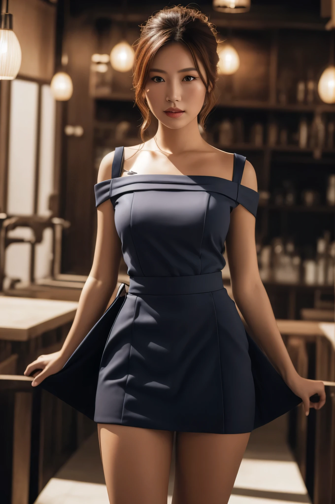 ((Best quality, 8k, Masterpiece :1.3)), Beautiful face, (photo realistic:1.4), soft lighting, (high detailed skin:1.3), 8k uhd, dslr, high quality, high resolution, 4k, 8k, absurdres, best ratio four finger and one thumb, (realistic:1.4), ((realistic medium breasts :1.3)), Highly detailed face and skin texture, Detailed eyes, Double eyelid, full body view, 1 asian woman, off shoulder kimono outfit