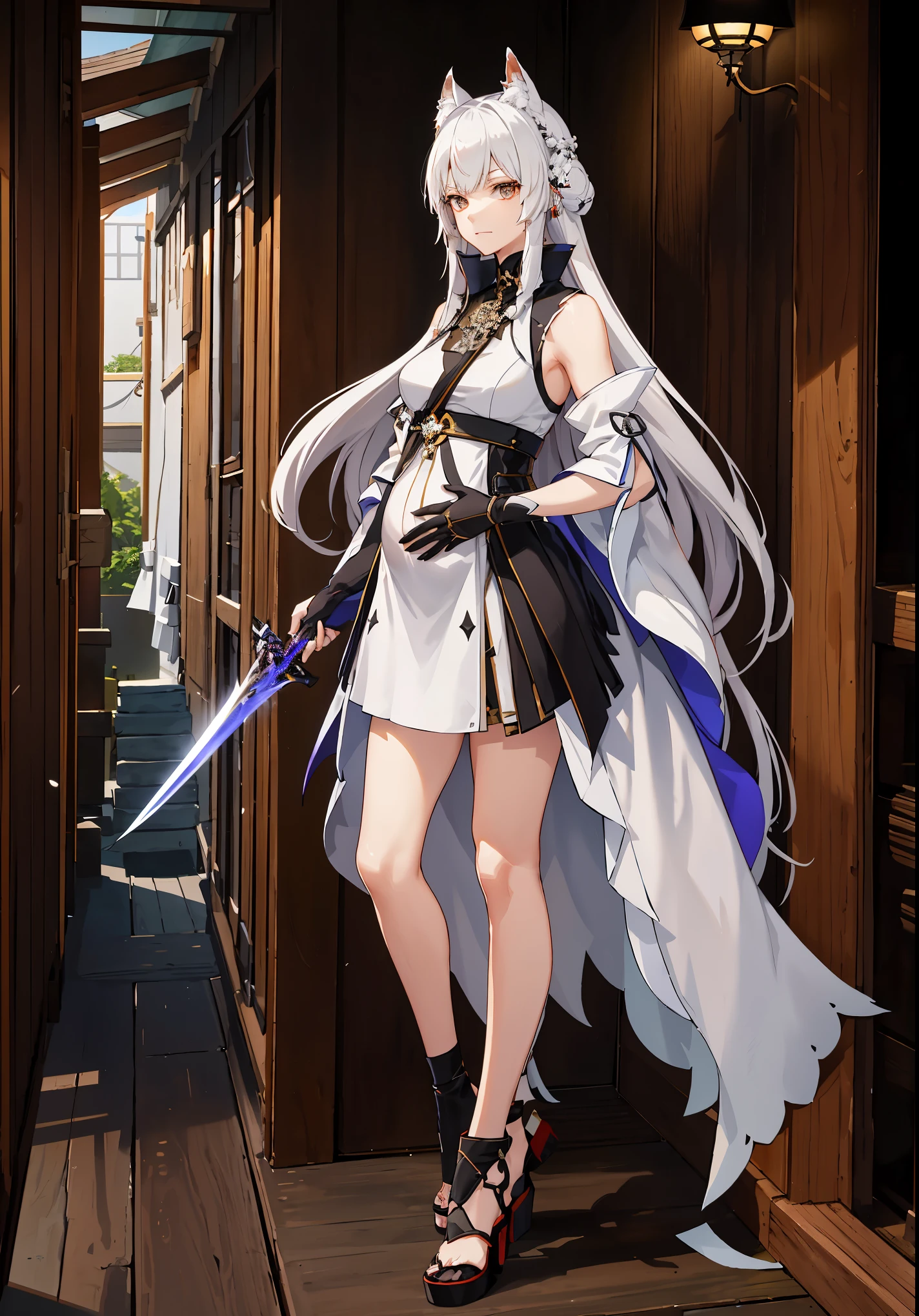 a woman in a dress holding a dagger and a dagger, video game character, from arknights, fox nobushi holding a dagger, hajime yatate, keqing from genshin impact, white haired deity, with small sword, ayaka genshin impact, female action anime girl, official character art, anime character, pregnant anime girl, fetus