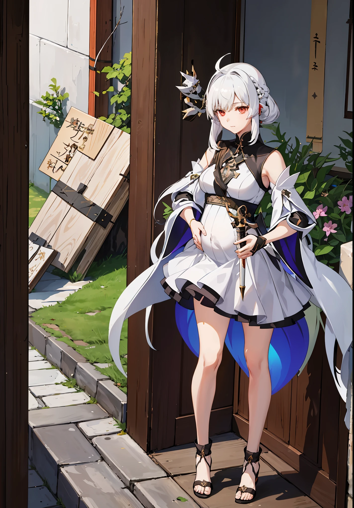 a woman in a dress holding a dagger and a dagger, video game character, from arknights, fox nobushi holding a dagger, hajime yatate, keqing from genshin impact, white haired deity, with small sword, ayaka genshin impact, female action anime girl, official character art, anime character, pregnant anime girl, fetus