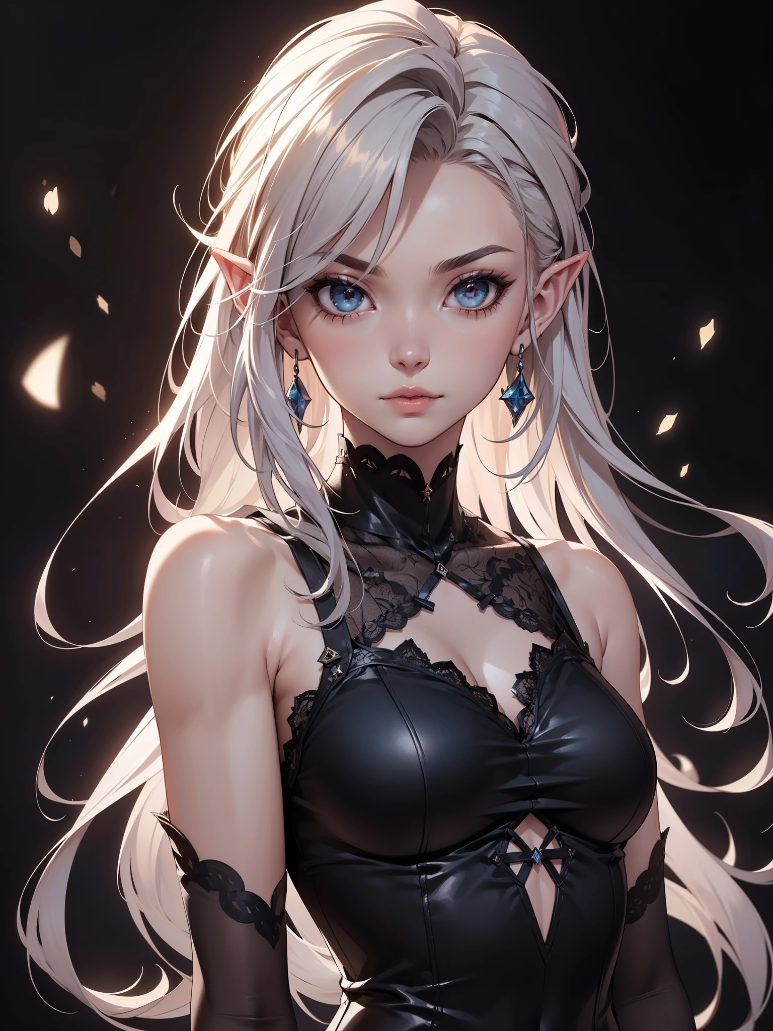 White elf girl, very long flowing hair, white eye color, small eyes, realistic human eye shape, round eye shape, eyeliner, realistic face shape. black lace low cut dress, portrait, wearing a black hood, black background, chest showing, NSFW, Depth of Field. looking at camera, dreamy look detailed eyes, detailed face, detailed skin, Ultra Detailed, Beautiful and Aesthetic, Masterpiece, Best Quality, shoulders showing. lace fabric, round chin shape. wearing black hood over hair. showing full upper body and face.
