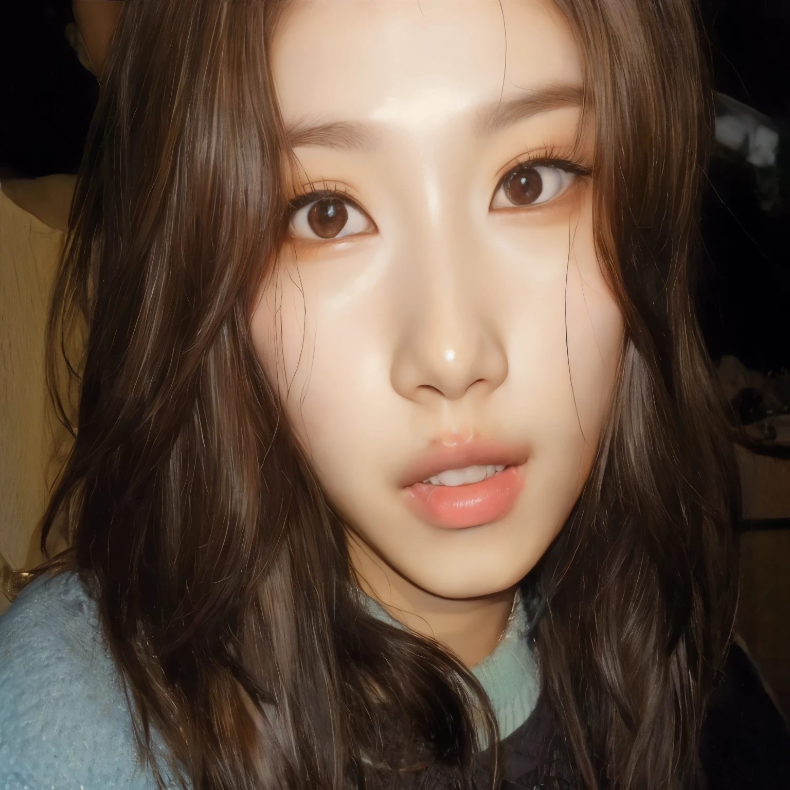 Arafed woman with long brown hair and a blue sweater., joven y adorable rostro coreano, ulzzang, cara muy bonita, pale korean adorable face, hermosa joven coreana, aparcar desde-min, rasgos de la cara coreana, hermoso rostro delicado, Jinyoung Shin, cara muy hermosa, pale and light skin!!, bae suzy, preciosa cara delicada, jaeyeon nam