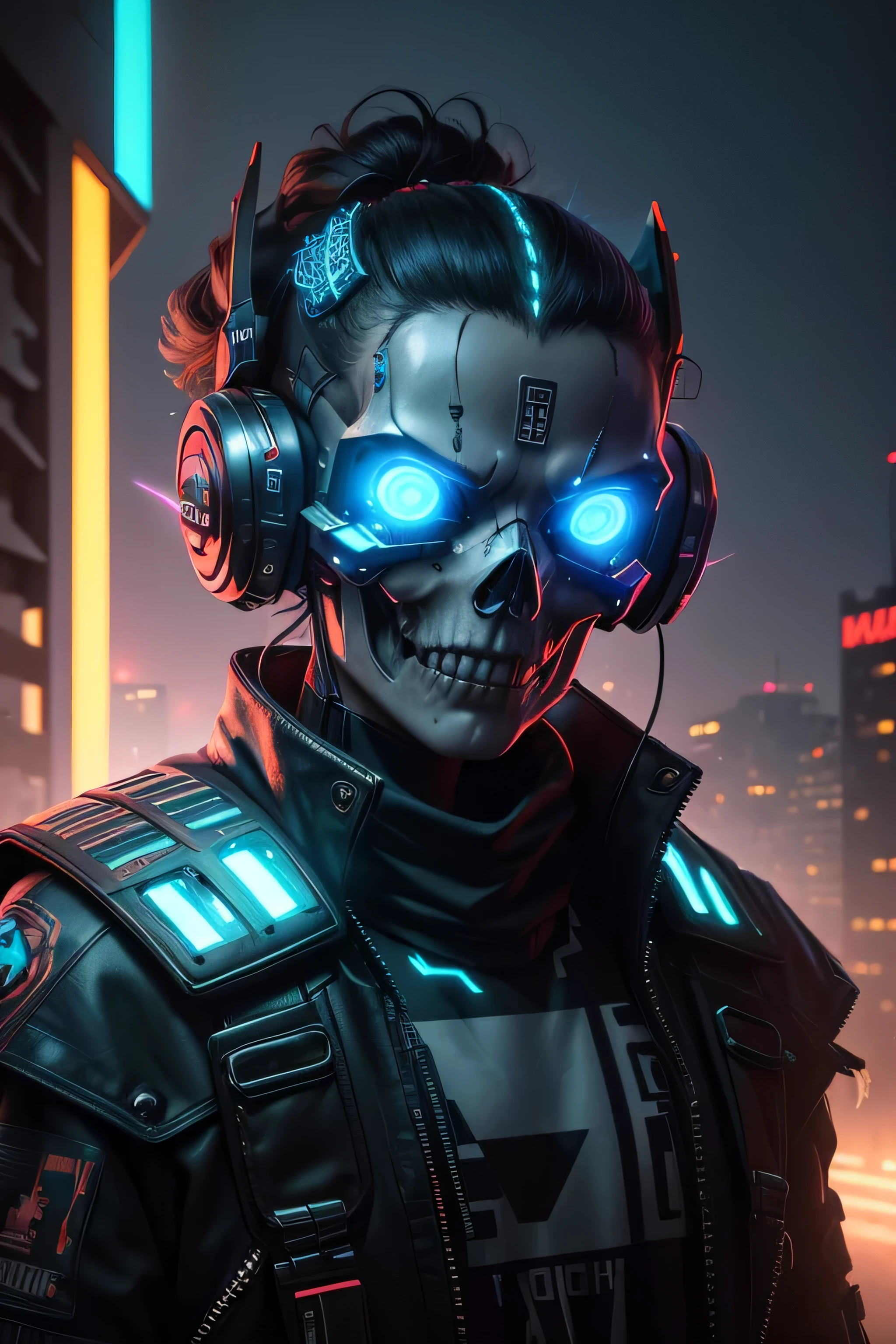 (best quality,4k,8k,highres,masterpiece:1.2),ultra-detailed,(realistic,photorealistic,photo-realistic:1.37),cyberpunk skull,metallic,glowing neon lights,gritty and dark atmosphere,dystopian future,reflection in shiny surfaces,mechanical augmentations,technology integration,wires and cables,leather texture,geometric patterns,futuristic display screens,cybernetic enhancements,digital matrix,scanning laser beams,sharp edges and angles,surreal colors,skull engulfed in binary code,haunting and mysterious,urban cityscape,virtual reality interface,holographic projections,smoke and steam,glowing eyes,electric blue color palette,grim and menacing,blade implants,high-tech gadgets,glitch effects,digital artifacts,uneven and worn textures,urban decay,chrome finish on skull,city lights illuminating the horizon,post-apocalyptic vibes,dramatic shadows,technological advancements,powerful and enigmatic presence,electric sparks flying,hovering drones,retro-futuristic aesthetics