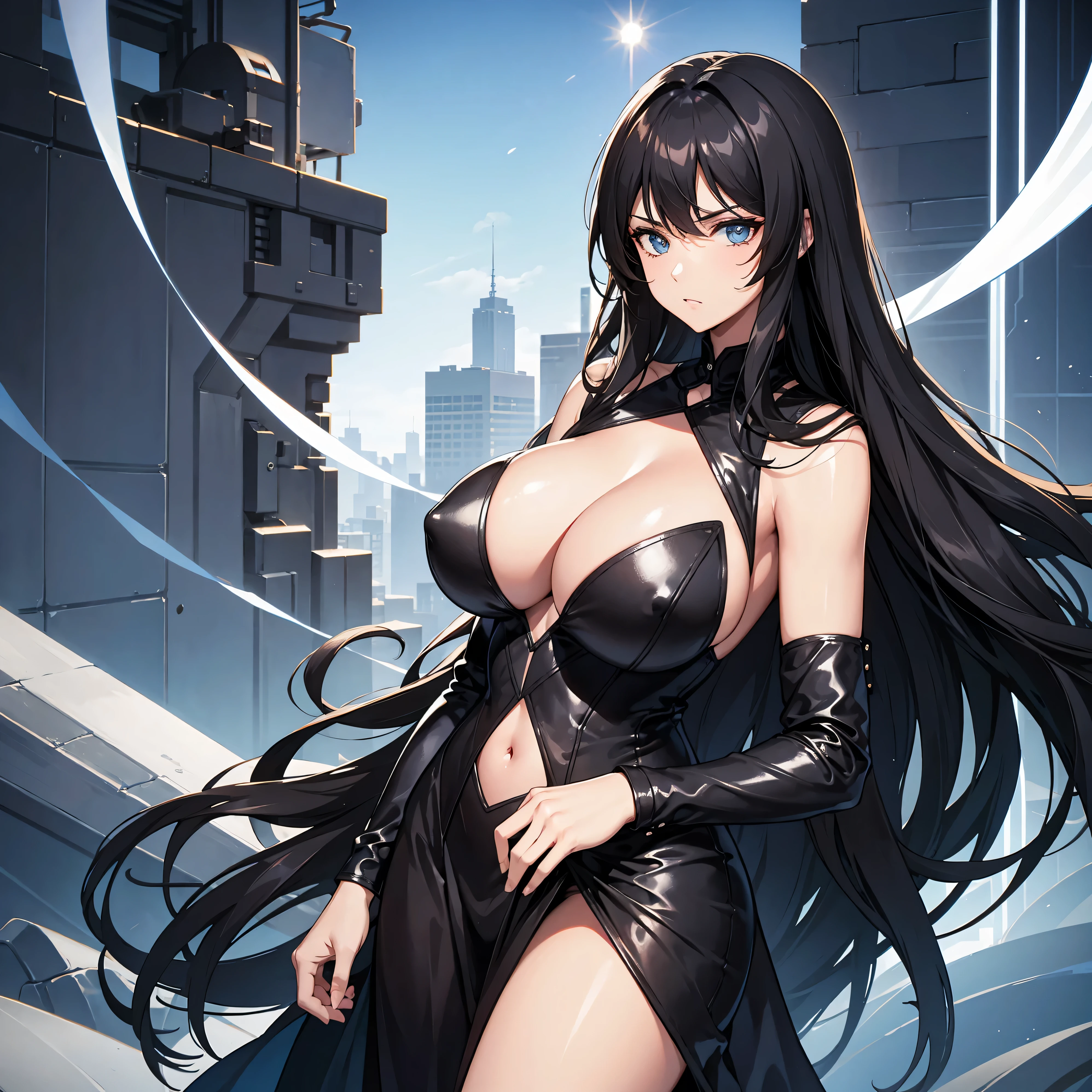 Science fiction, masmorra mais escura, voluptuous woman with curvaceous body wearing big black dress with serious look, sem orelhas de animal, olhos azuis, Black braid, pelos pubianos, altamente detalhado, 4k, obra de arte, cinematic lighting, de cima, sem orelhas de animal