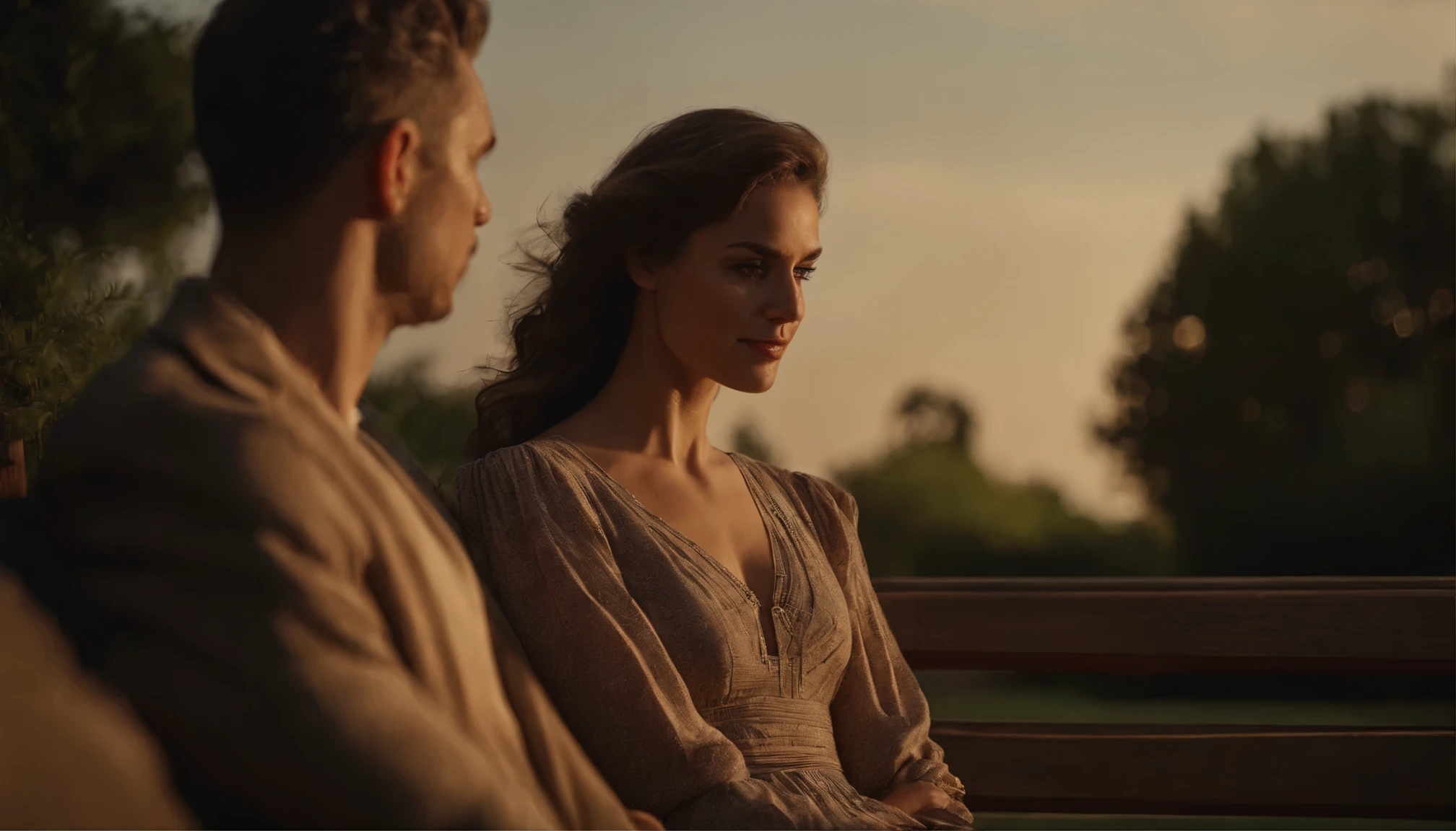 masterpiece, extremely detailed face, detailed clothes, cinematic lighting, best quality, outdoors, A very beautiful woman wearing a summer dress and a man are sitting on a park bench, they are sitting far apart, they are sitting with their backs to each other, the atmosphere is twilight, her face is exposed to the sunset light, the background is a shady park