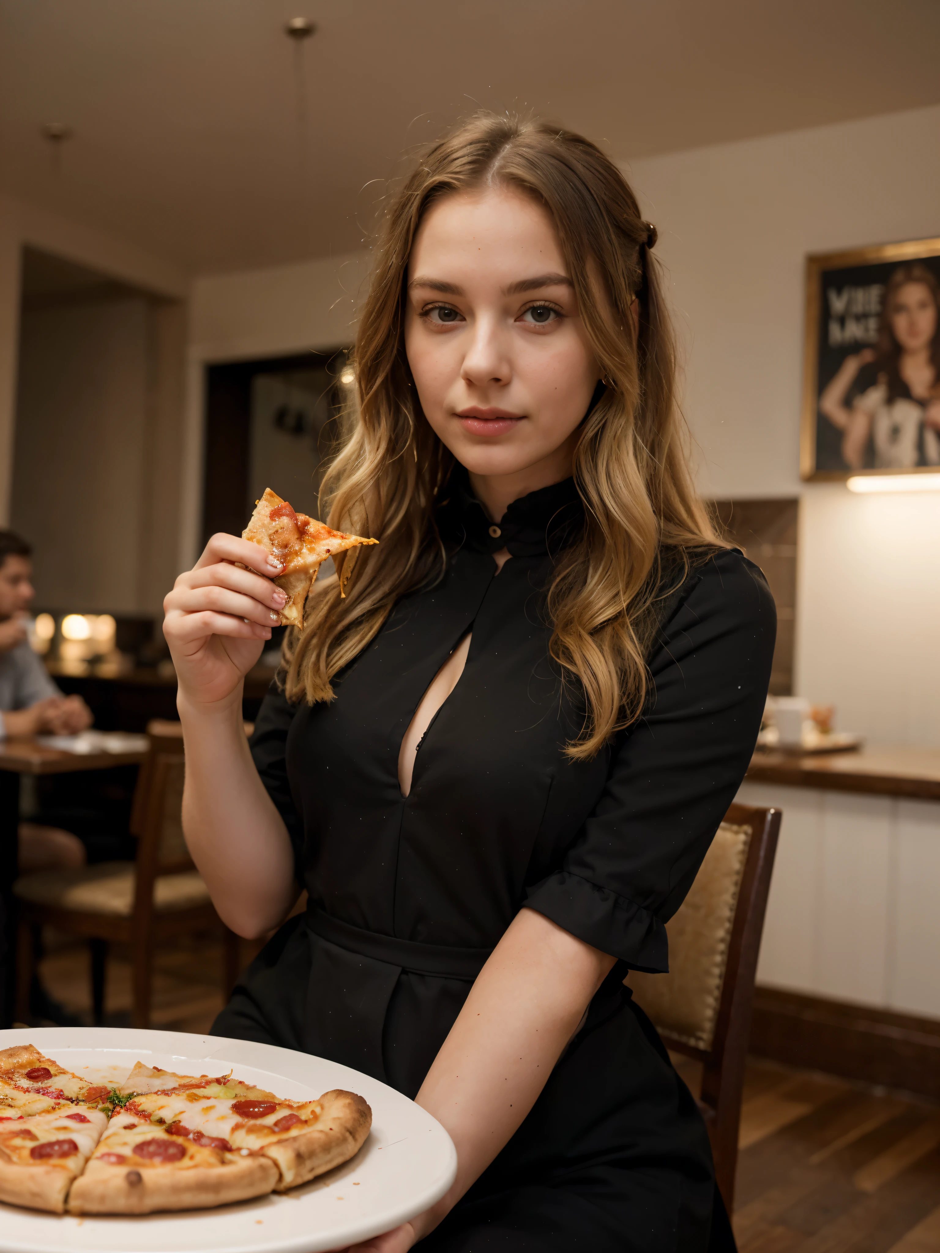A Victorian girl, blonde wavy hair, expensive dress, eating pizza in restaurant