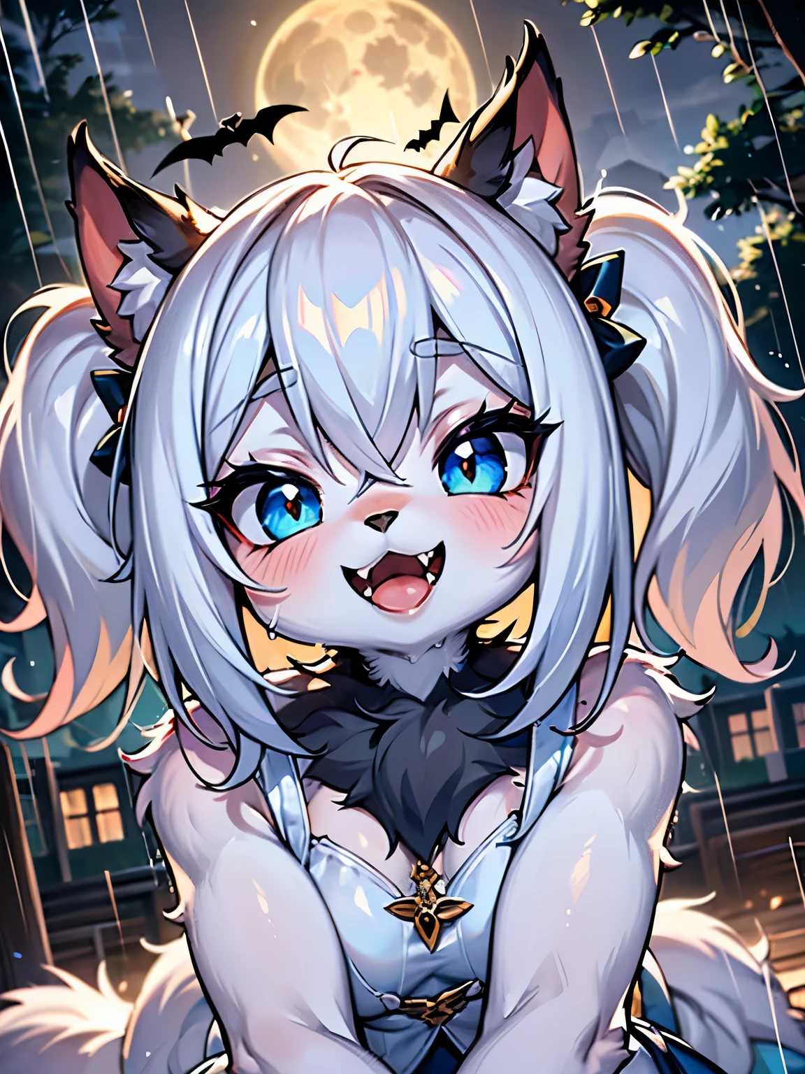 Cat Girl，was hairy，shaggy，Skin fur，White fur，Forelimb hands，hair splayed out，White ears，White face fur，White hair, hair splayed out, Shiny hair，Long hair，Hairline,  low twintails，Blue eyes，Super cute face，Happy, full face blush, smiley，Empty eyes， Fangs，bat hair ornament，White dress，Ambient light，Ultra-fine fur，Volumetric eye, bangs, light and darkcontrast, ultra high def, 巨作, Super detail，Forest ruins background，crow，Night，A starry sky，full moon，Under the rain，In the rain，Drizzle，Wet with rain，rainy outside，High quality, ultra high def, high resolucion, Anatomically correct