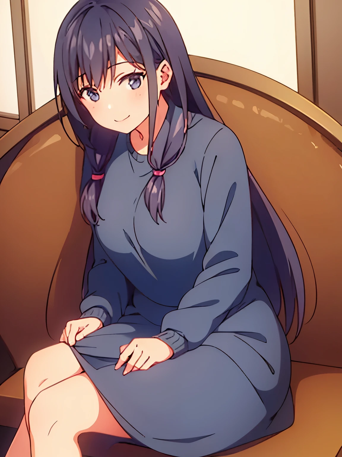 1 girl, long hair, cute smile, wearing a sweater, sitting with her legs crossed
