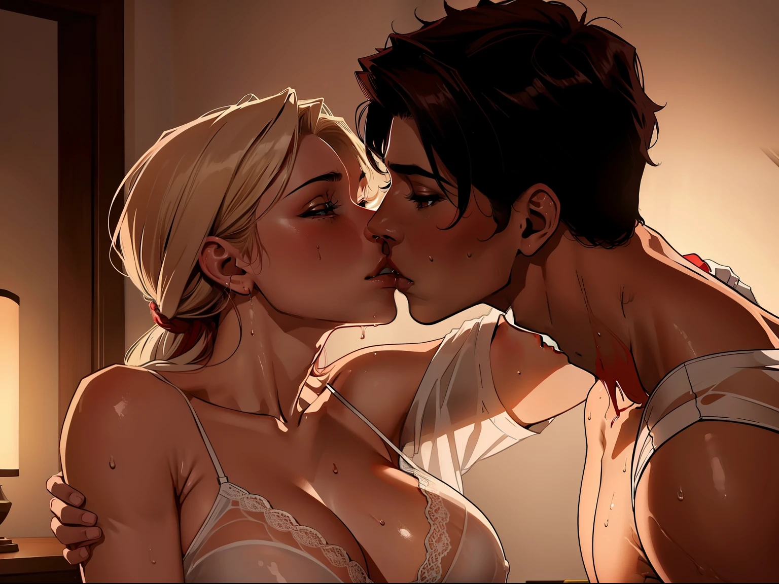 Young boy shirtless kissing woman wearing unbuttoned sheer white shirt and sexy red lingerie underneath, intense scene, dark room, one lamp, warm lighting, very erotic, sweaty, lustful, passionate, making out