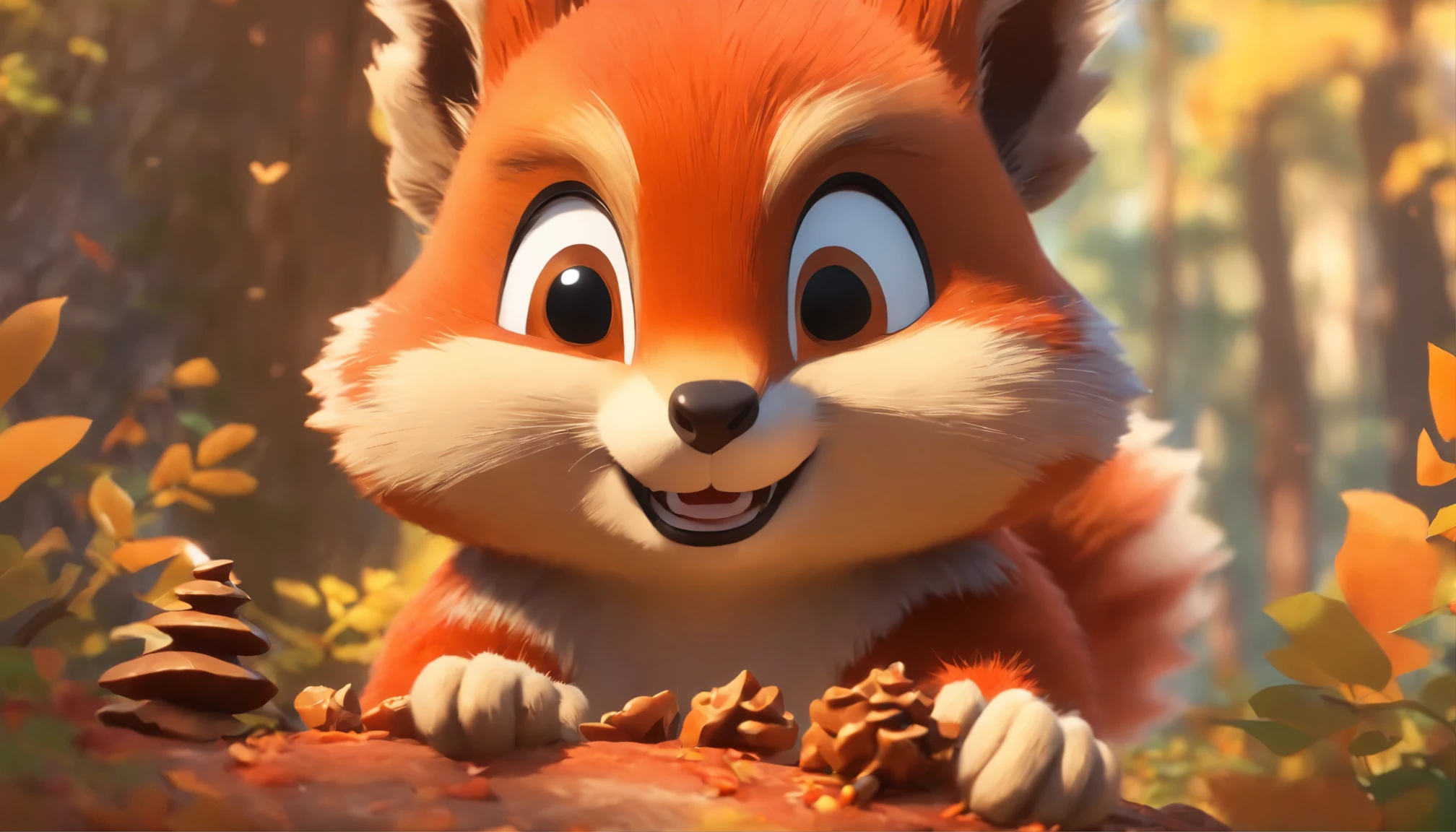 Close-up of squirrel storing acorns in a tree hole, Holding a pine cone in his hand, cute forest creature, Red panda, Wilderness landscapes, author:Yu Zheding, Stylized 3 D, Cute fox, feng shu, Hidden animals, Cute detailed digital art, dreamworks style, Stylized art,