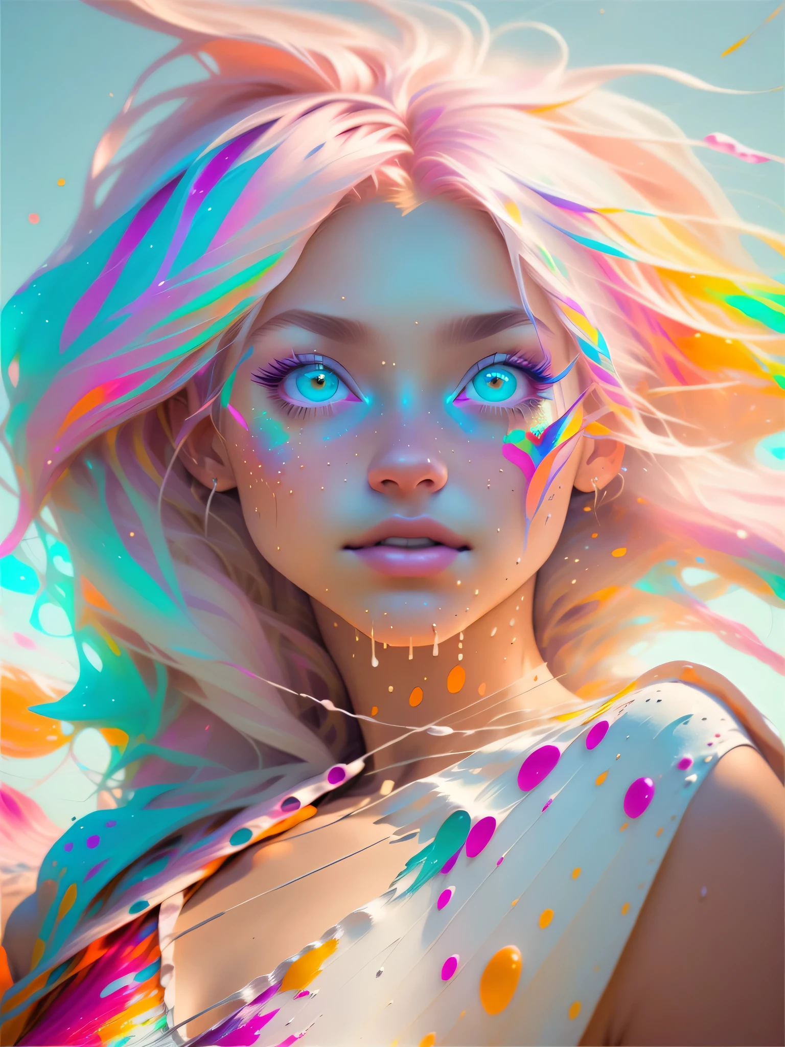 (((masterpiece))),(((best quality))),((ultra-detailed)),(illustration),(dynamic angle), ((floating)),(paint),((disheveled hair)), (solo),(1girl), ((small_)), (((detailed anima face))),((beautiful detailed face)),collar,bare shoulders,  white hair, ((colorful hair)),((streaked hair)), beautiful detailed eyes,(Gradient color eyes),(((colorful eyes))), (((colorful background))),(((high saturation))),(((surrounded by colorful splashes))),(((surrounded by colorful dot))),colorful bubble,((shining))