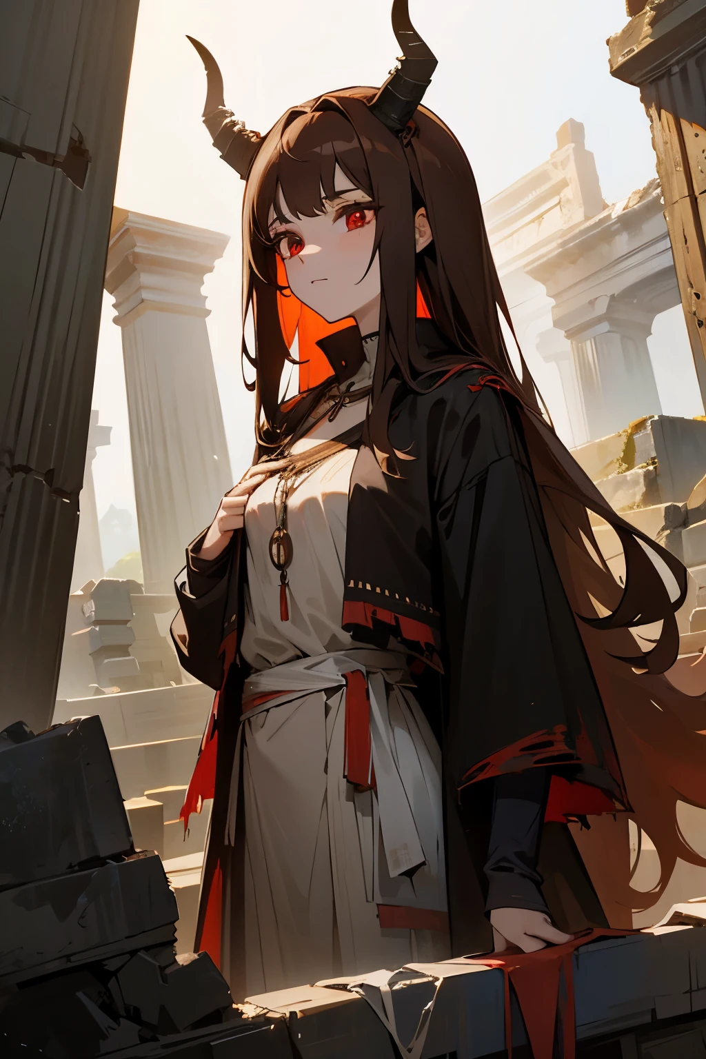 1 girl, 19 years old, tall, long brown hair, red eyes, black straight horns, very old torn clothes, ancient ruins, chest