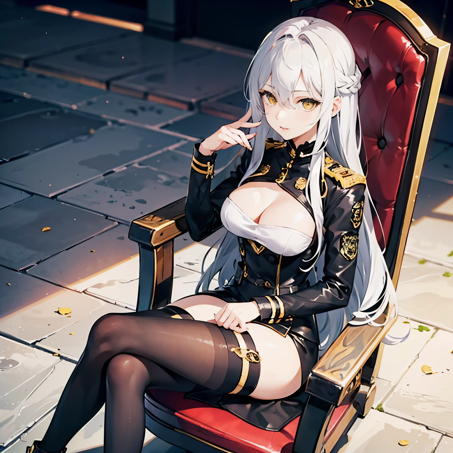 1girl, solo, best quality, masterpiece, long hair, white hair, hair between eyes, golden eyes, yellow eyes, medium chest,black uniform, sit on throne, detailed eyes